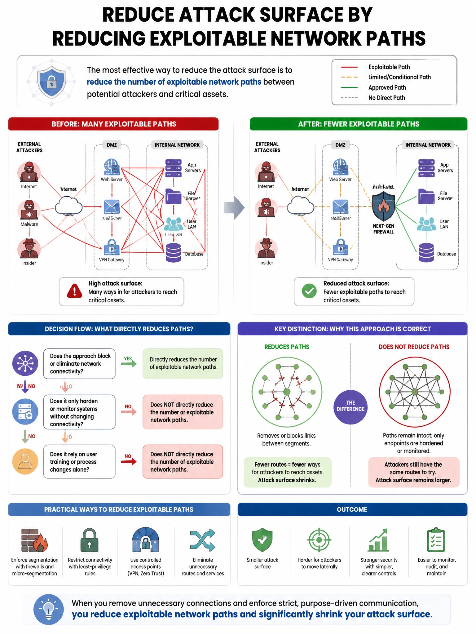 Portrait educational infographic teaching: A network security architect is tasked with redesigning the enterprise network to reduce the attack surface. Which approach directly reduces the number of exploitable network paths. Show labeled components, decision flow, and the key distinction that makes the correct answer correct. Clean modern diagram style.