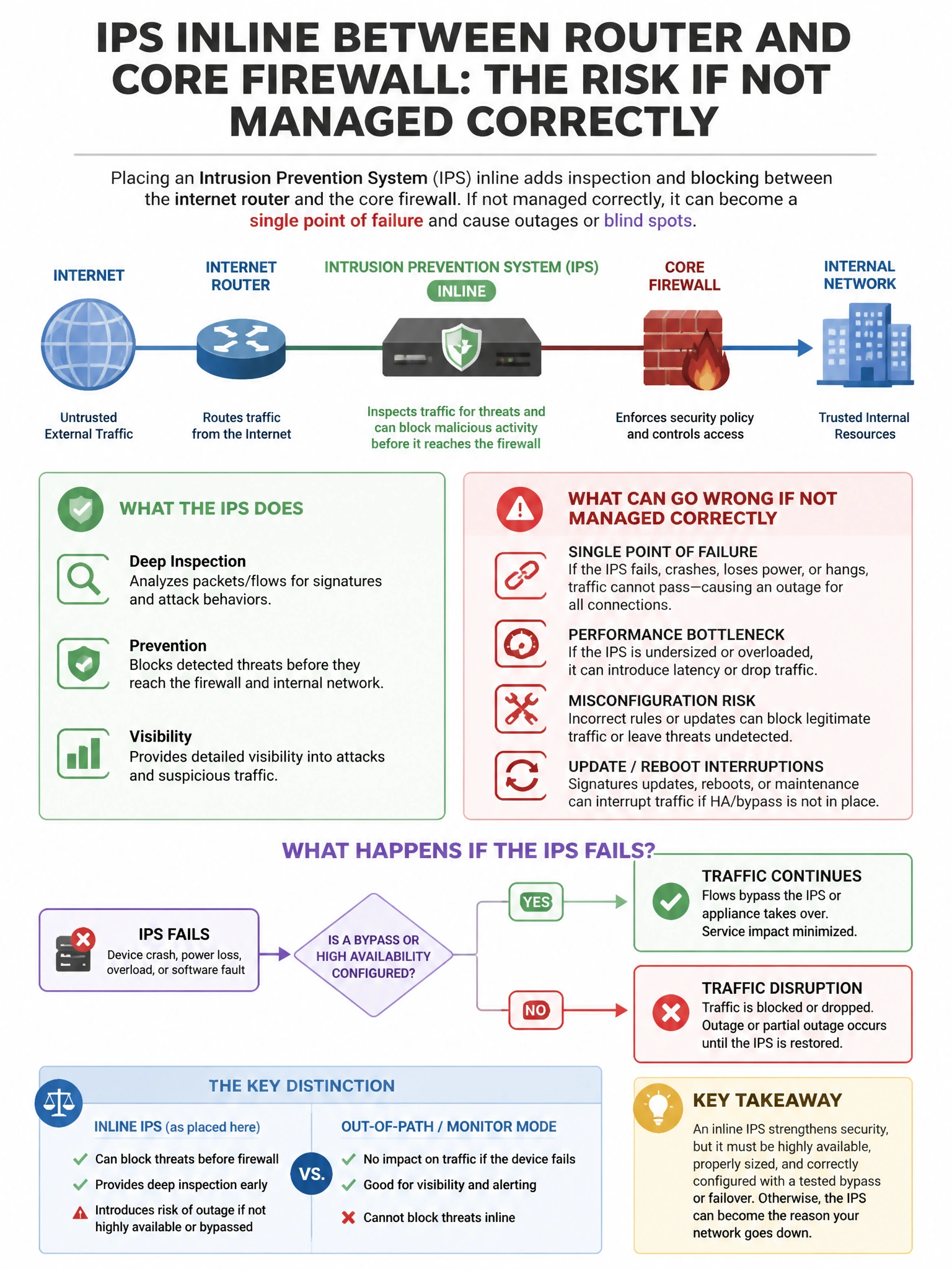 Portrait educational infographic teaching: An organization uses an intrusion prevention system (IPS) inline between the internet router and the core firewall. What risk does this introduce if not managed correctly?. Show labeled components, decision flow, and the key distinction that makes the correct answer correct. Clean modern diagram style.