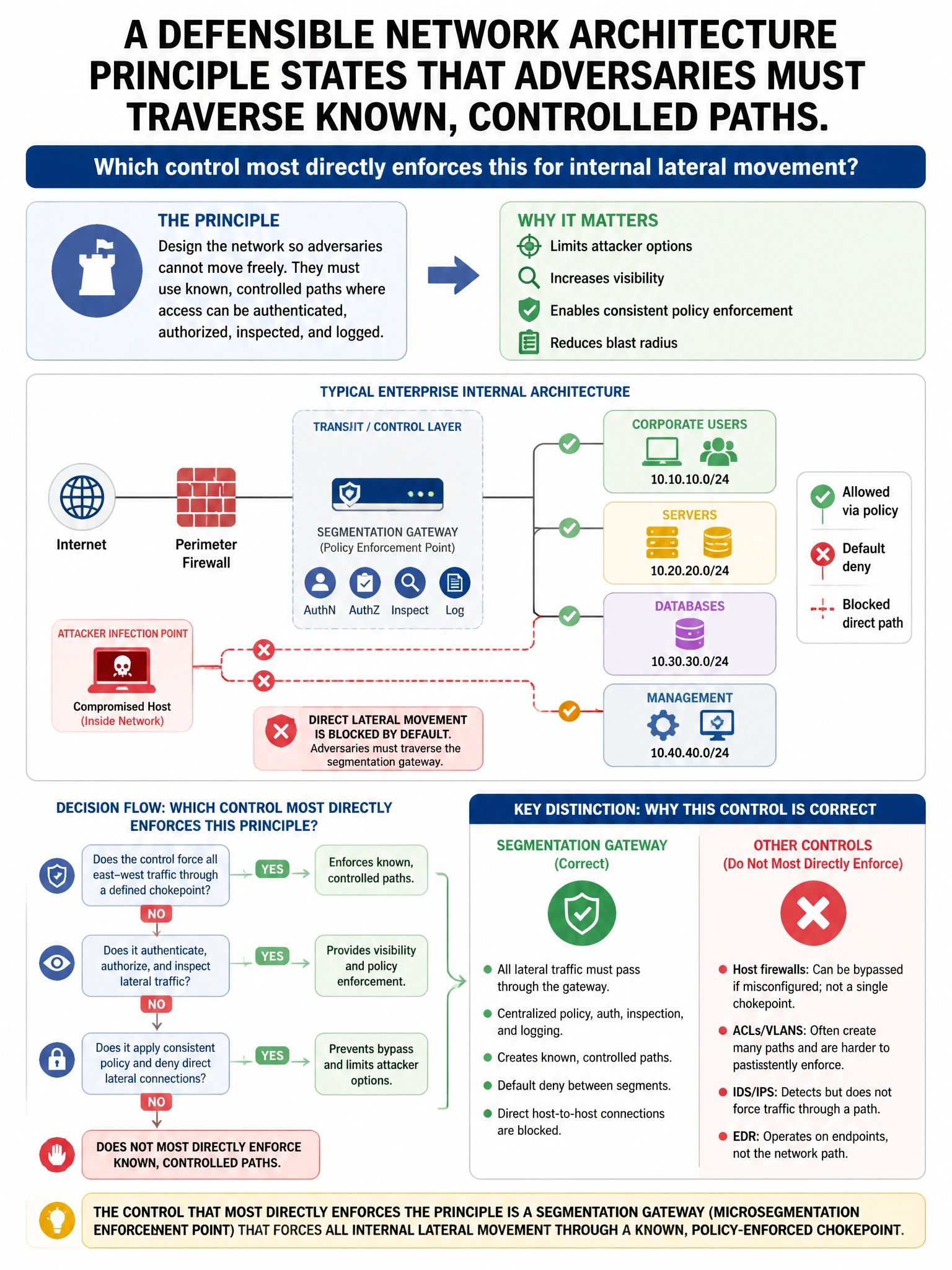 Portrait educational infographic teaching: A defensible network architecture principle states that adversaries must traverse known, controlled paths. Which control most directly enforces this for internal lateral movement?. Show labeled components, decision flow, and the key distinction that makes the correct answer correct. Clean modern diagram style.