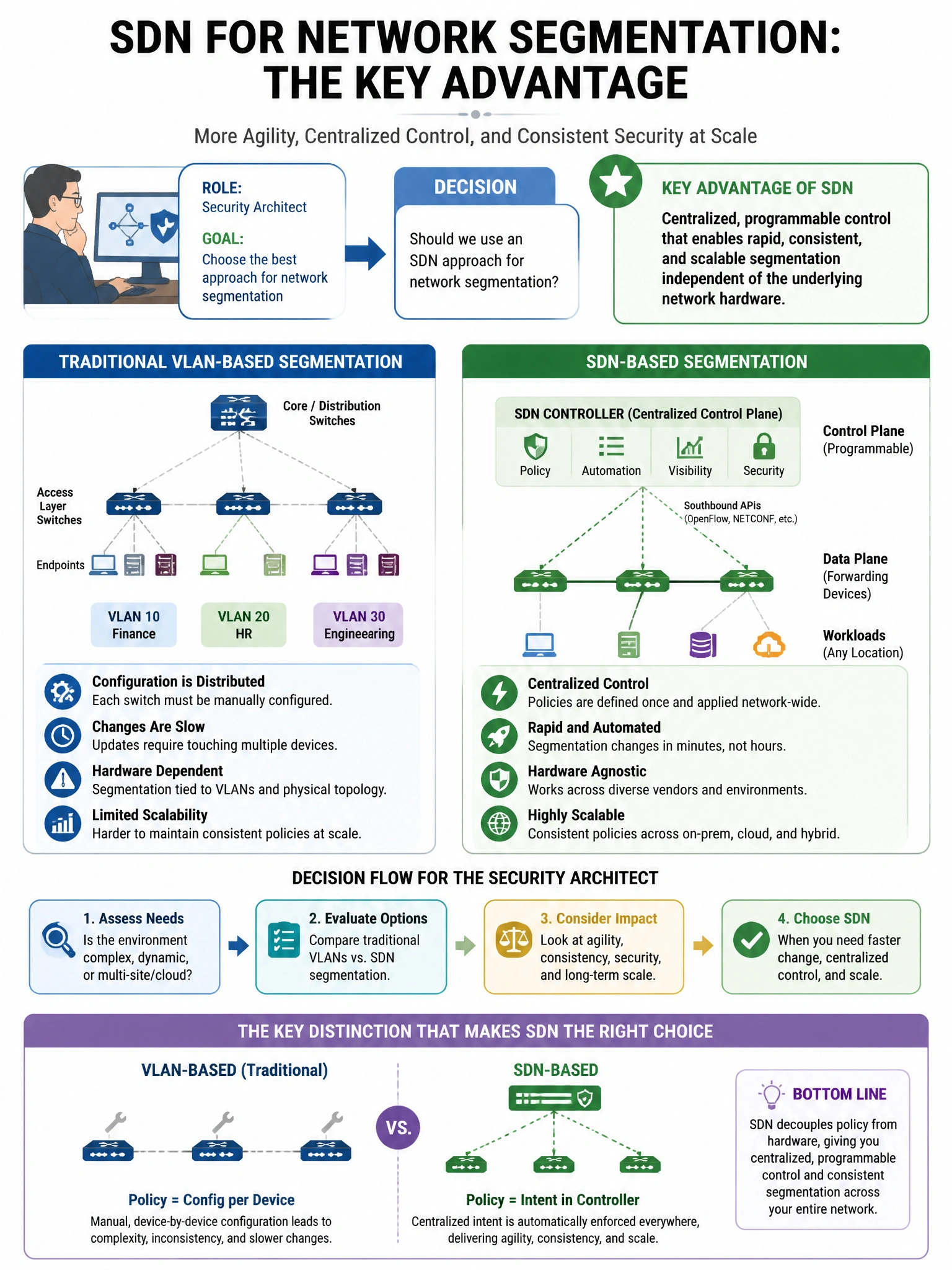 Portrait educational infographic teaching: A security architect is evaluating whether to use a Software-Defined Networking (SDN) approach for network segmentation. What key advantage does SDN provide over traditional VLAN-b. Show labeled components, decision flow, and the key distinction that makes the correct answer correct. Clean modern diagram style.