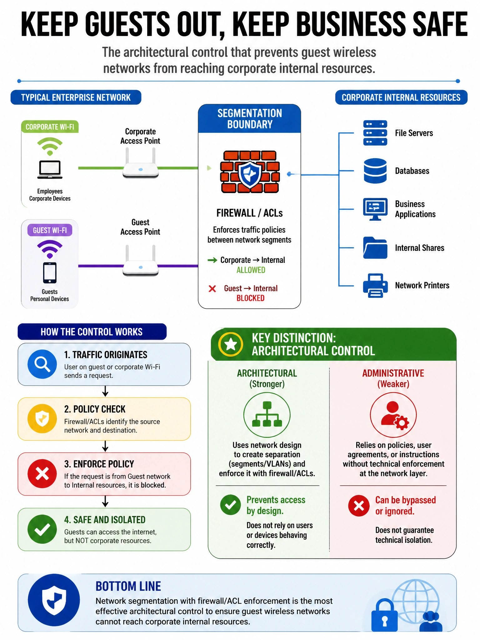 Portrait educational infographic teaching: A company wants to ensure that wireless guest networks cannot reach corporate internal resources. Which architectural control achieves this most effectively?. Show labeled components, decision flow, and the key distinction that makes the correct answer correct. Clean modern diagram style.