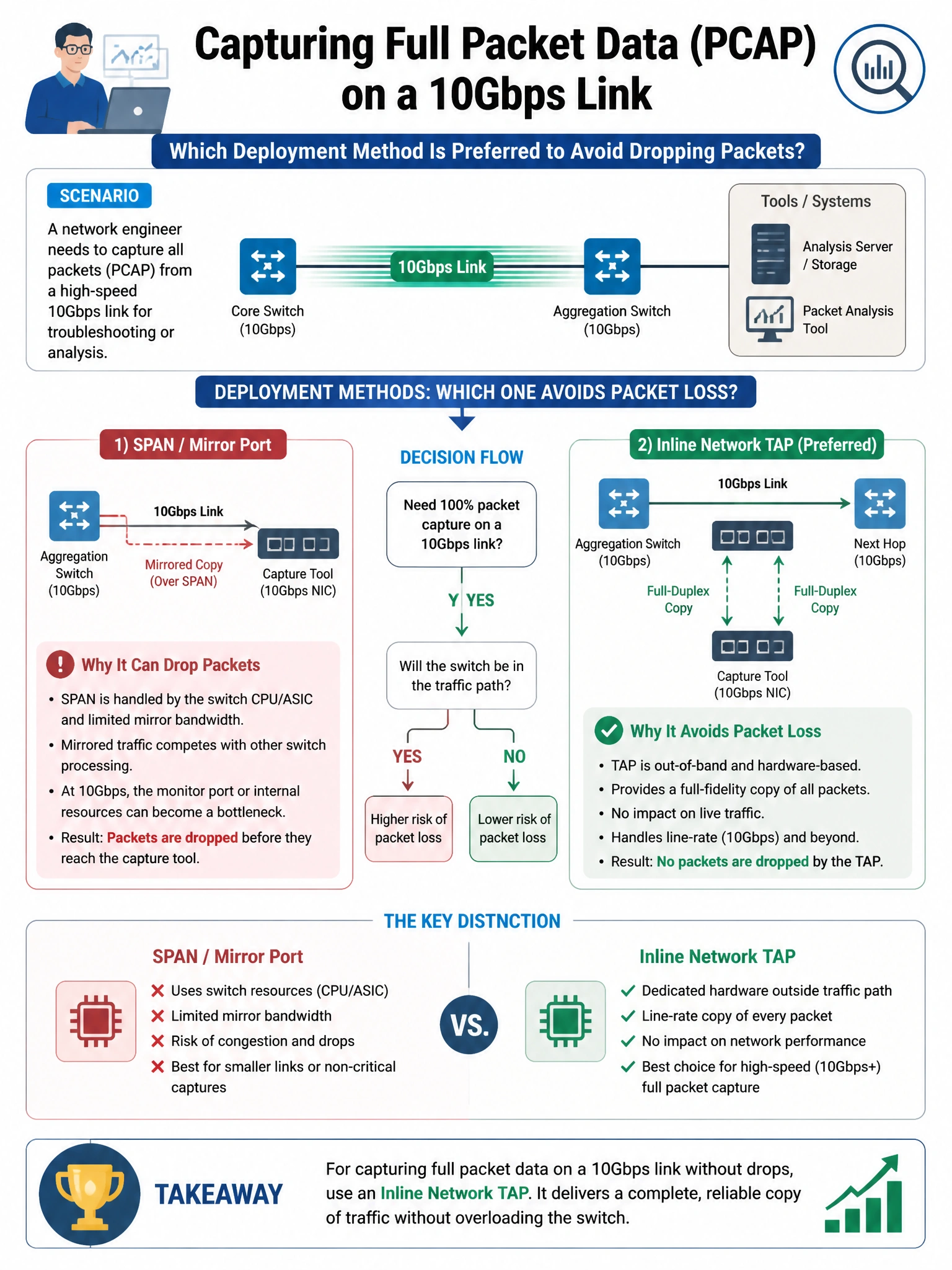 Portrait educational infographic teaching: A network engineer wants to capture full packet data (PCAP) from a high-speed 10Gbps link. Which deployment method is preferred to avoid dropping packets?. Show labeled components, decision flow, and the key distinction that makes the correct answer correct. Clean modern diagram style.