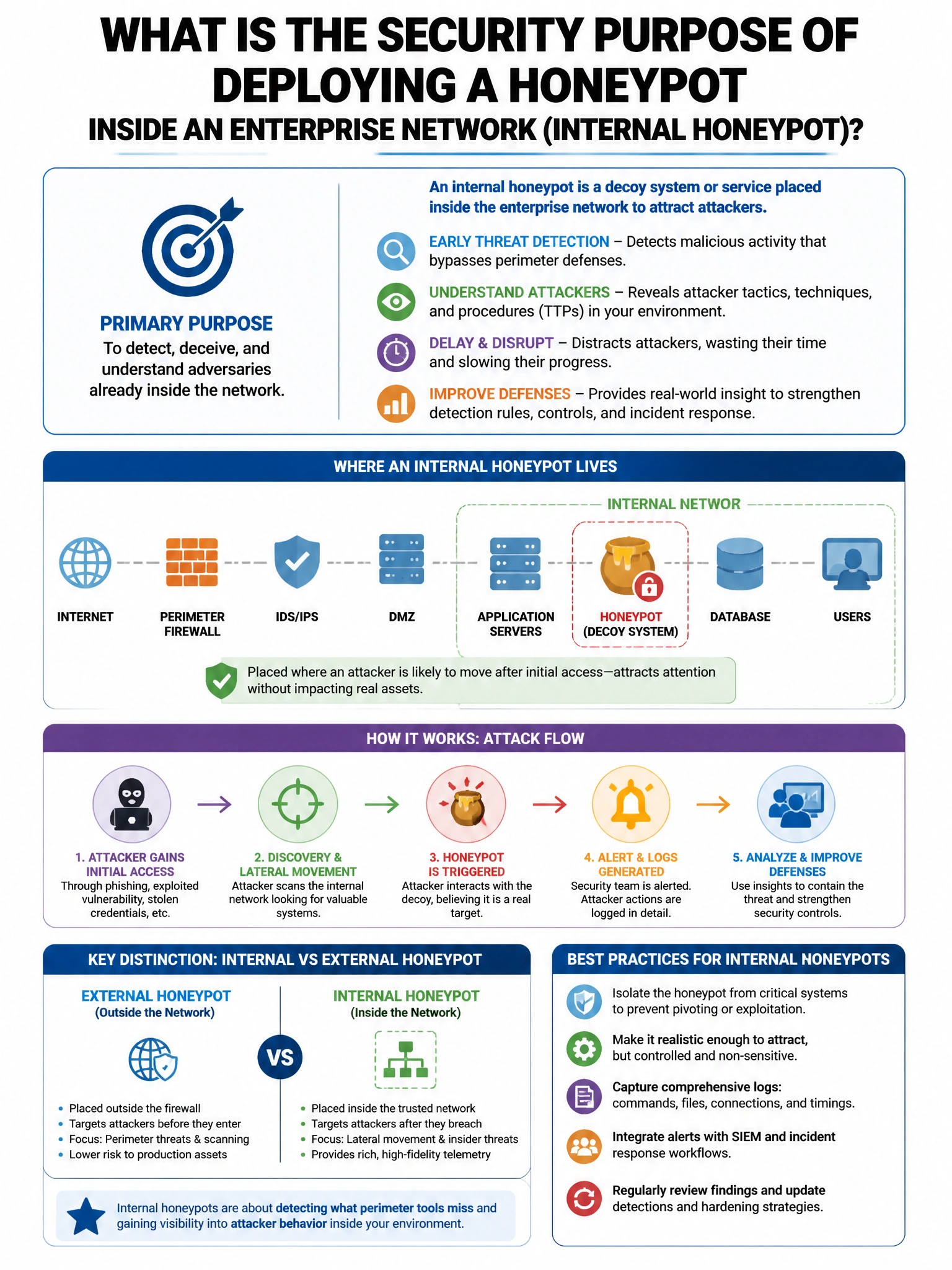 Portrait educational infographic teaching: What is the security purpose of deploying a honeypot inside an enterprise network (internal honeypot)?. Show labeled components, decision flow, and the key distinction that makes the correct answer correct. Clean modern diagram style.
