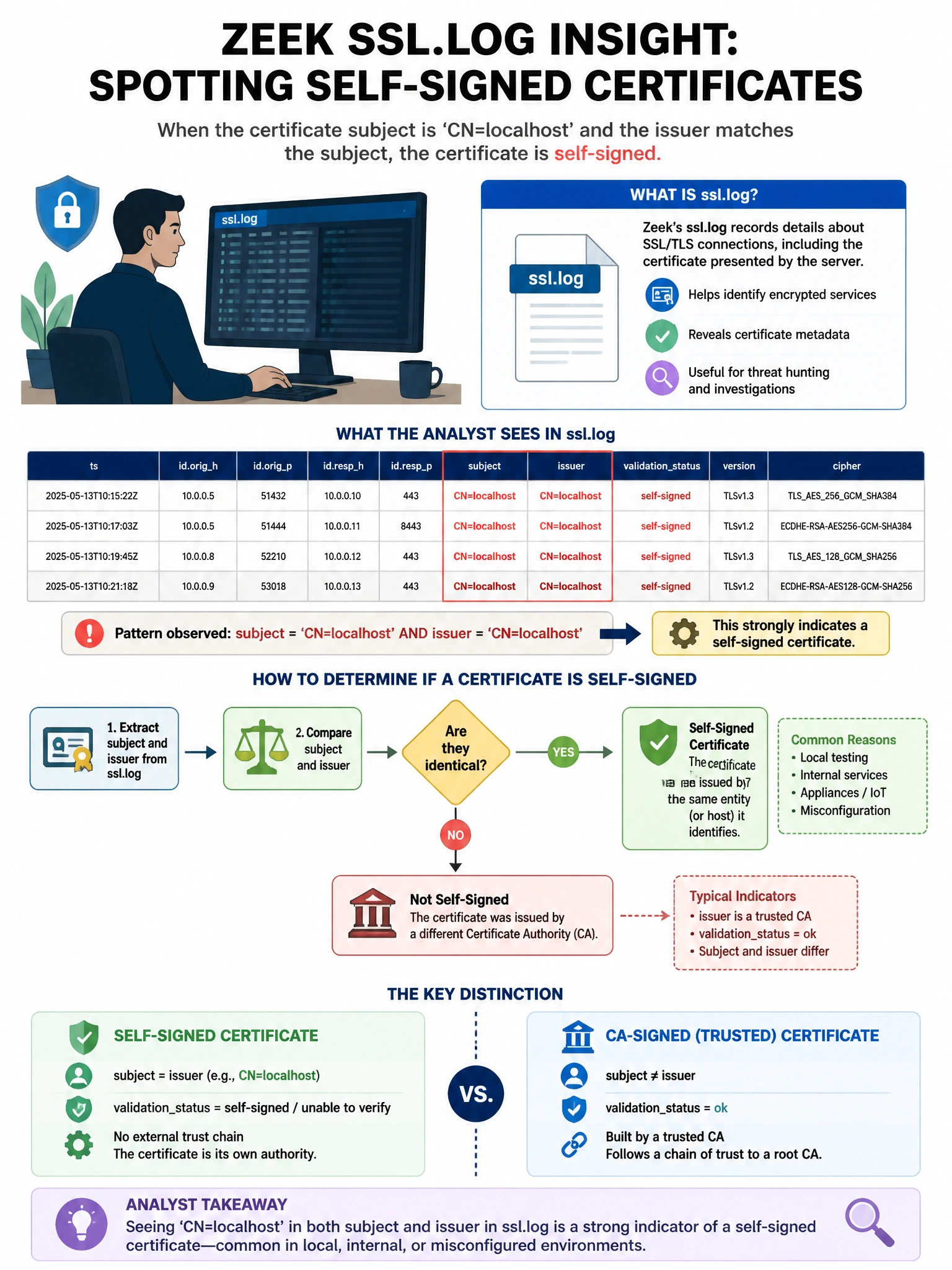 Portrait educational infographic teaching: An analyst reviews Zeek ssl.log and notices multiple connections where the subject field of the server certificate is 'CN=localhost' and the issuer matches the subject (self-si. Show labeled components, decision flow, and the key distinction that makes the correct answer correct. Clean modern diagram style.