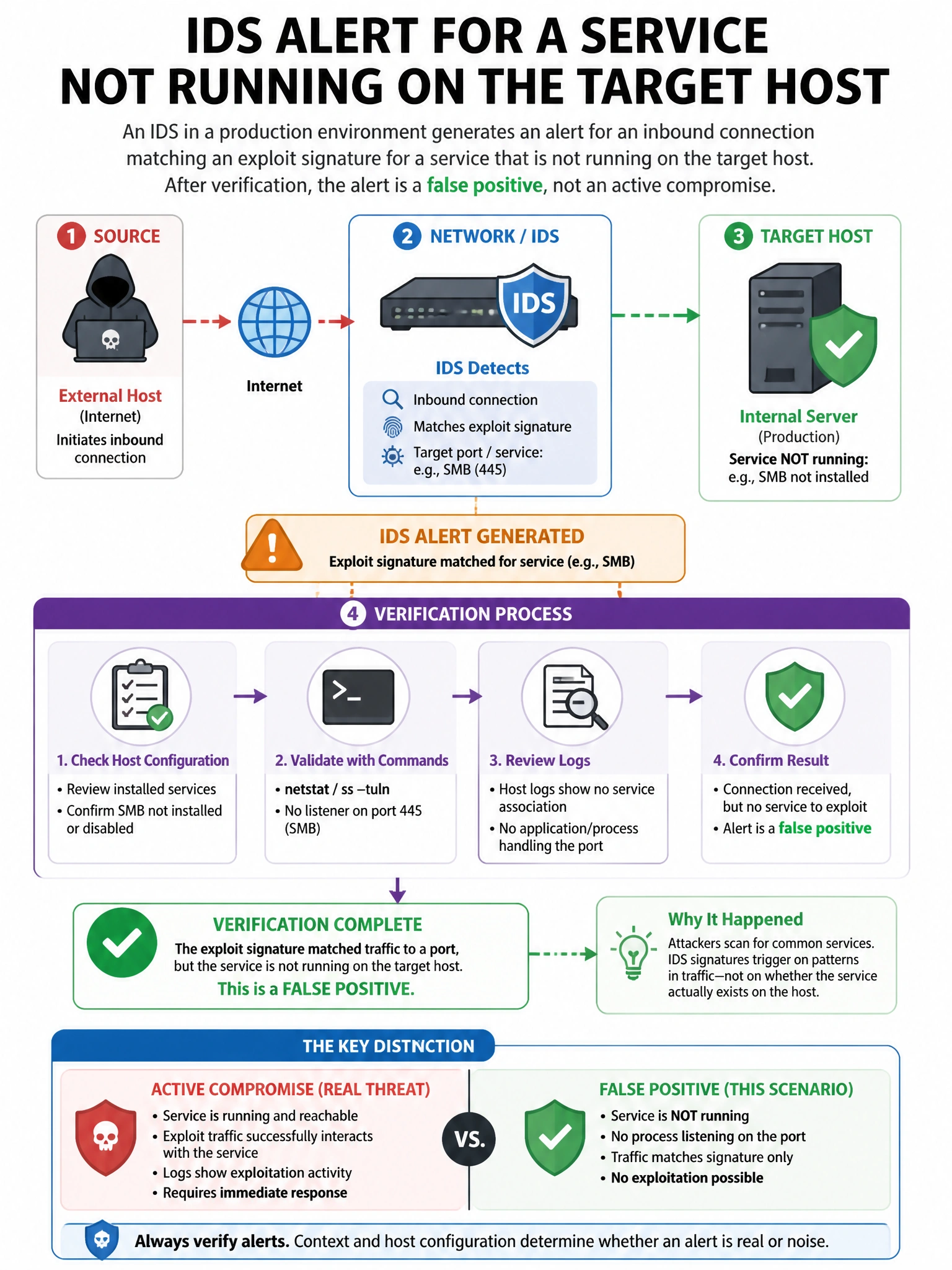 Portrait educational infographic teaching: An IDS in a production environment generates an alert for an inbound connection matching an exploit signature for a service that is not running on the target host. After verificati. Show labeled components, decision flow, and the key distinction that makes the correct answer correct. Clean modern diagram style.