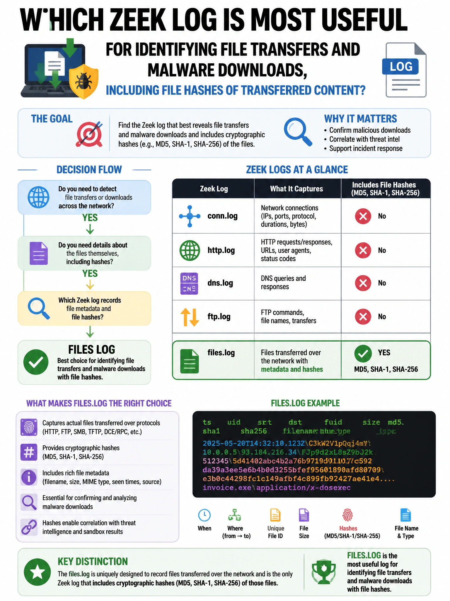 Portrait educational infographic teaching: Which Zeek log is most useful for identifying file transfers and malware downloads, including file hashes of transferred content?. Show labeled components, decision flow, and the key distinction that makes the correct answer correct. Clean modern diagram style.