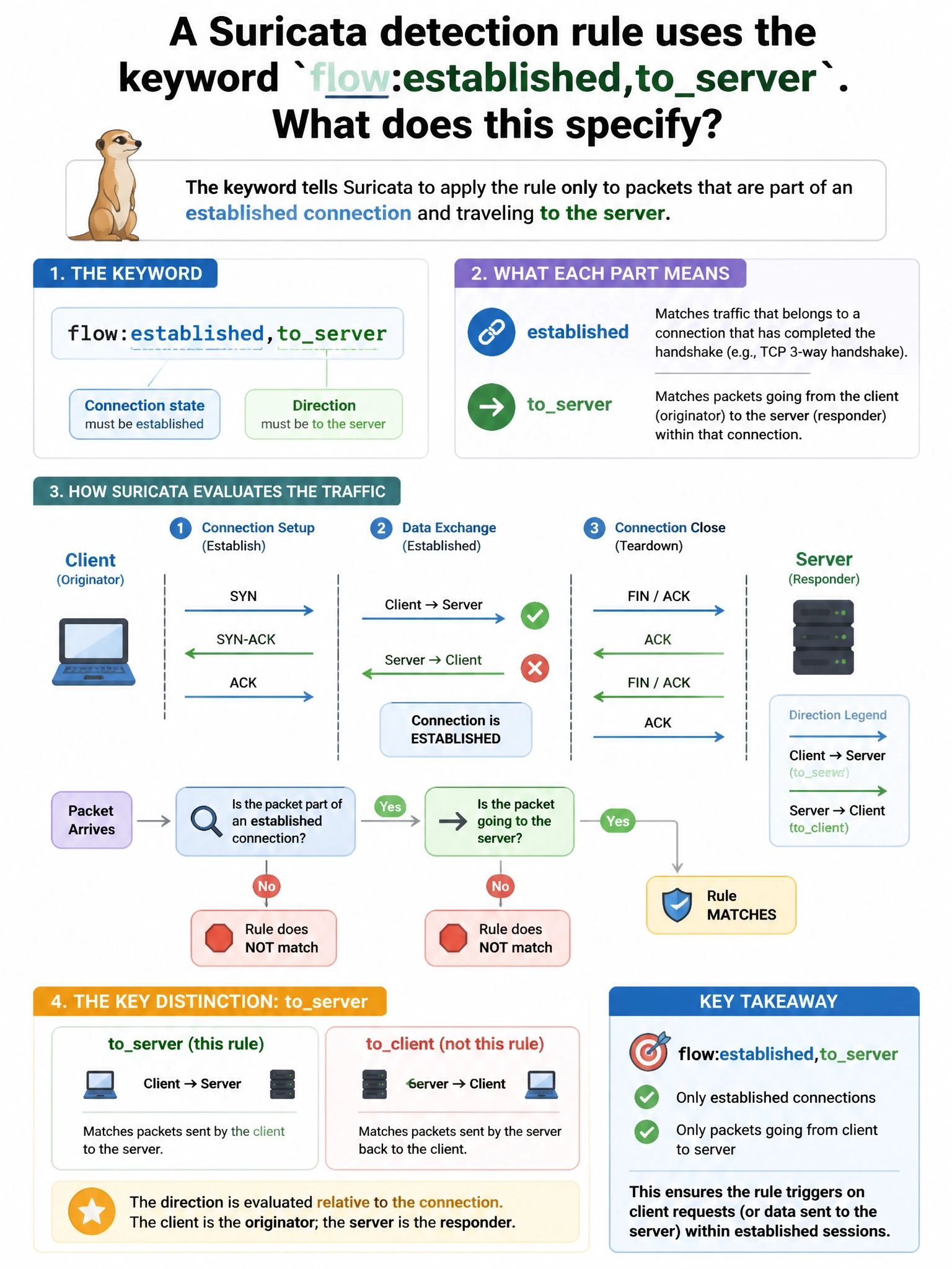 Portrait educational infographic teaching: A Suricata detection rule uses the keyword flow:established,toserver. What does this specify?. Show labeled components, decision flow, and the key distinction that makes the correct answer correct. Clean modern diagram style.