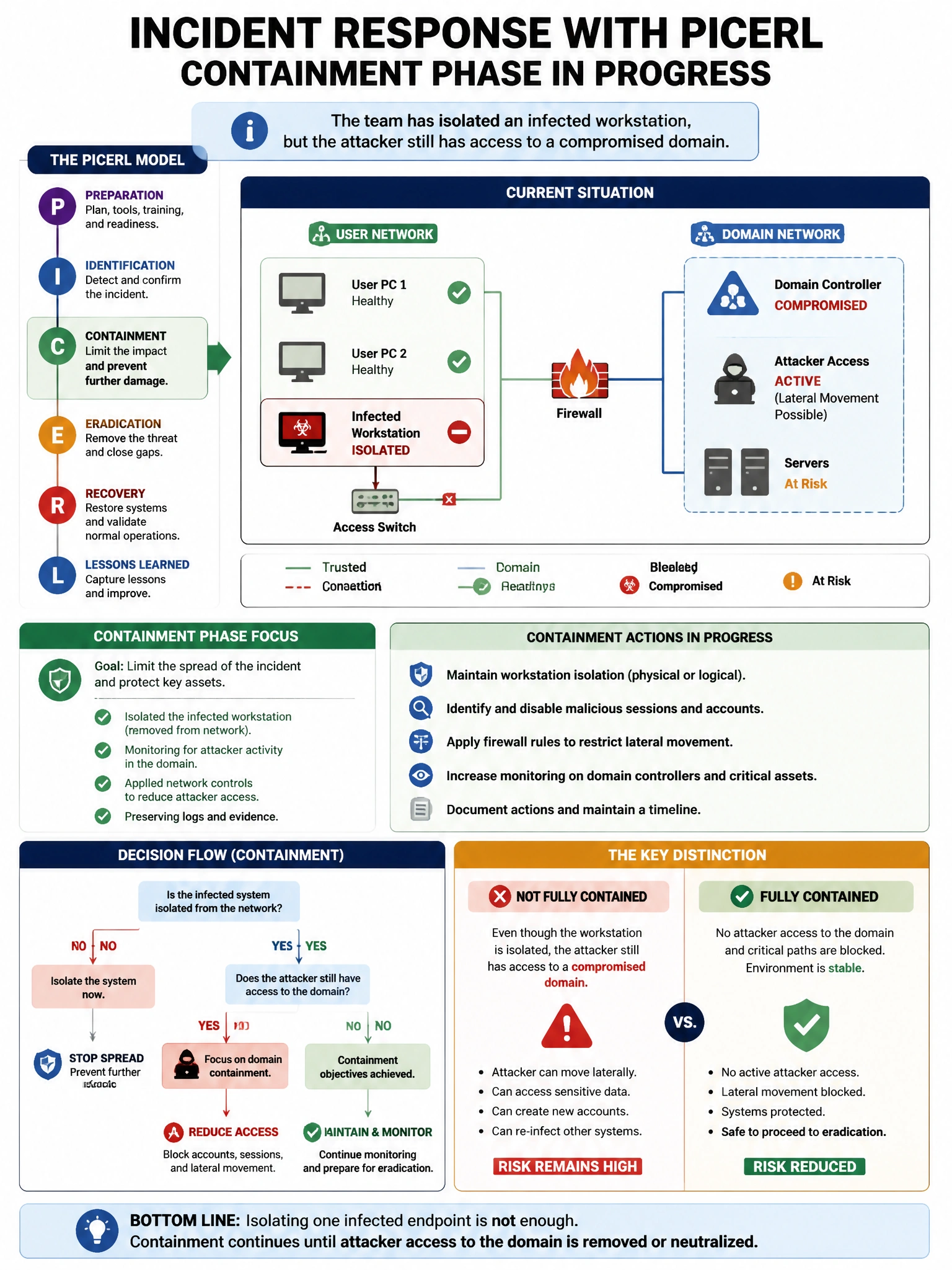 Portrait educational infographic teaching: An incident responder follows the PICERL model and is in the Containment phase. The team has isolated an infected workstation but the attacker still has access to a compromised dom. Show labeled components, decision flow, and the key distinction that makes the correct answer correct. Clean modern diagram style.