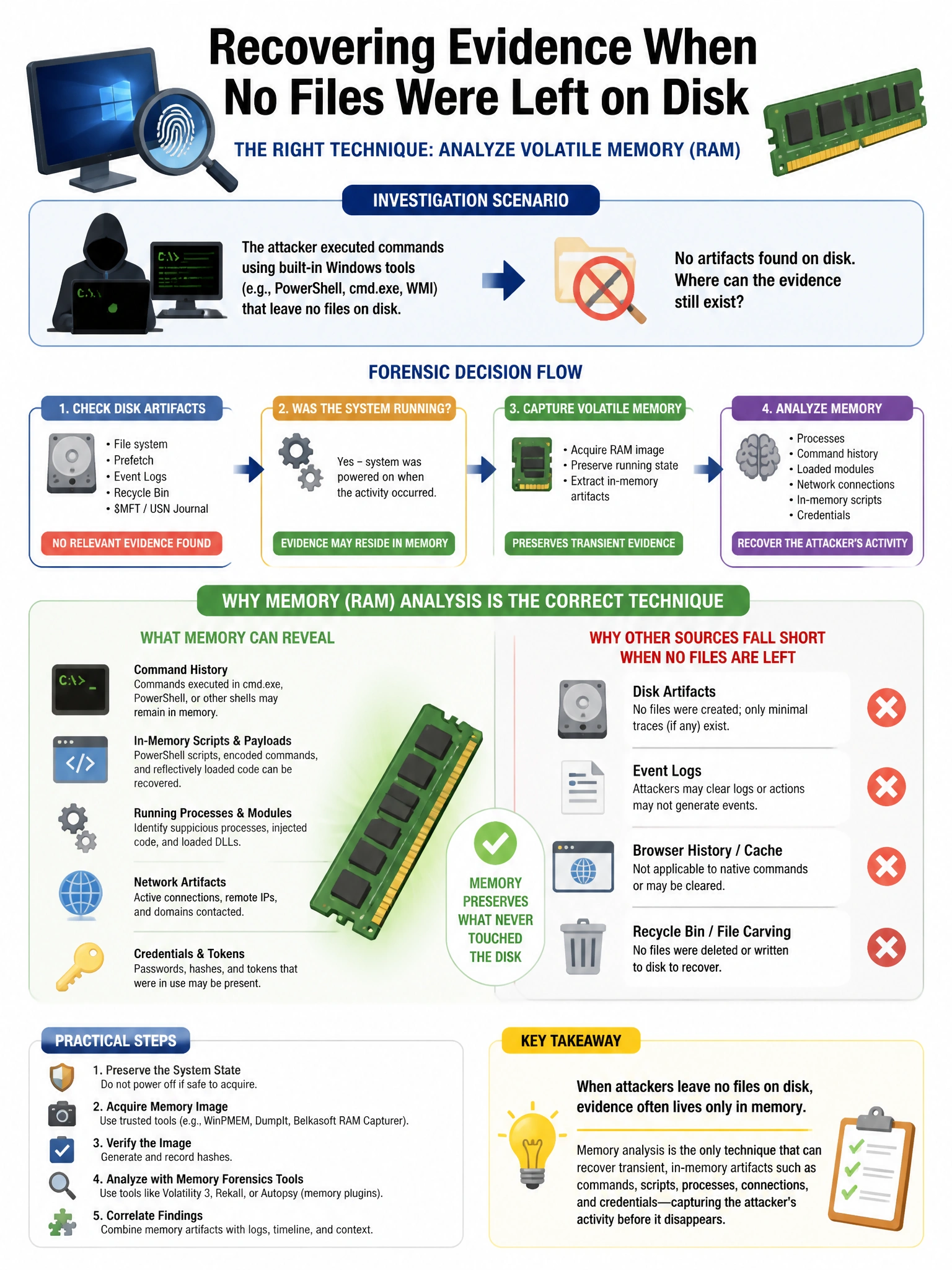 Portrait educational infographic teaching: During a forensic investigation on a Windows system, an analyst discovers that the attacker ran commands that left no files on disk. Which forensic technique can recover evidence o. Show labeled components, decision flow, and the key distinction that makes the correct answer correct. Clean modern diagram style.