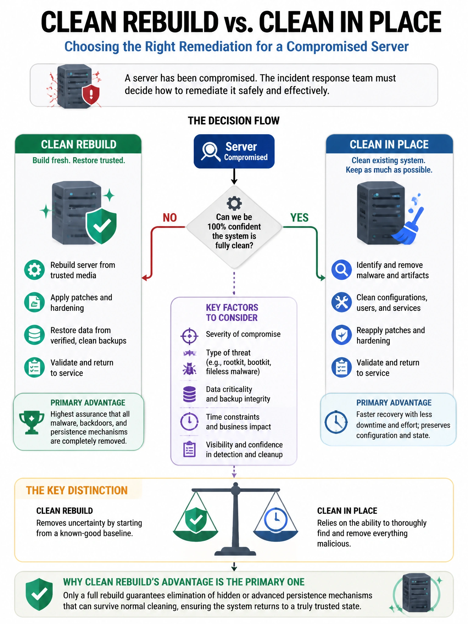 Portrait educational infographic teaching: An incident response team is deciding whether to perform a 'clean rebuild' versus 'clean in place' remediation for a compromised server. What is the primary advantage of a full reb. Show labeled components, decision flow, and the key distinction that makes the correct answer correct. Clean modern diagram style.