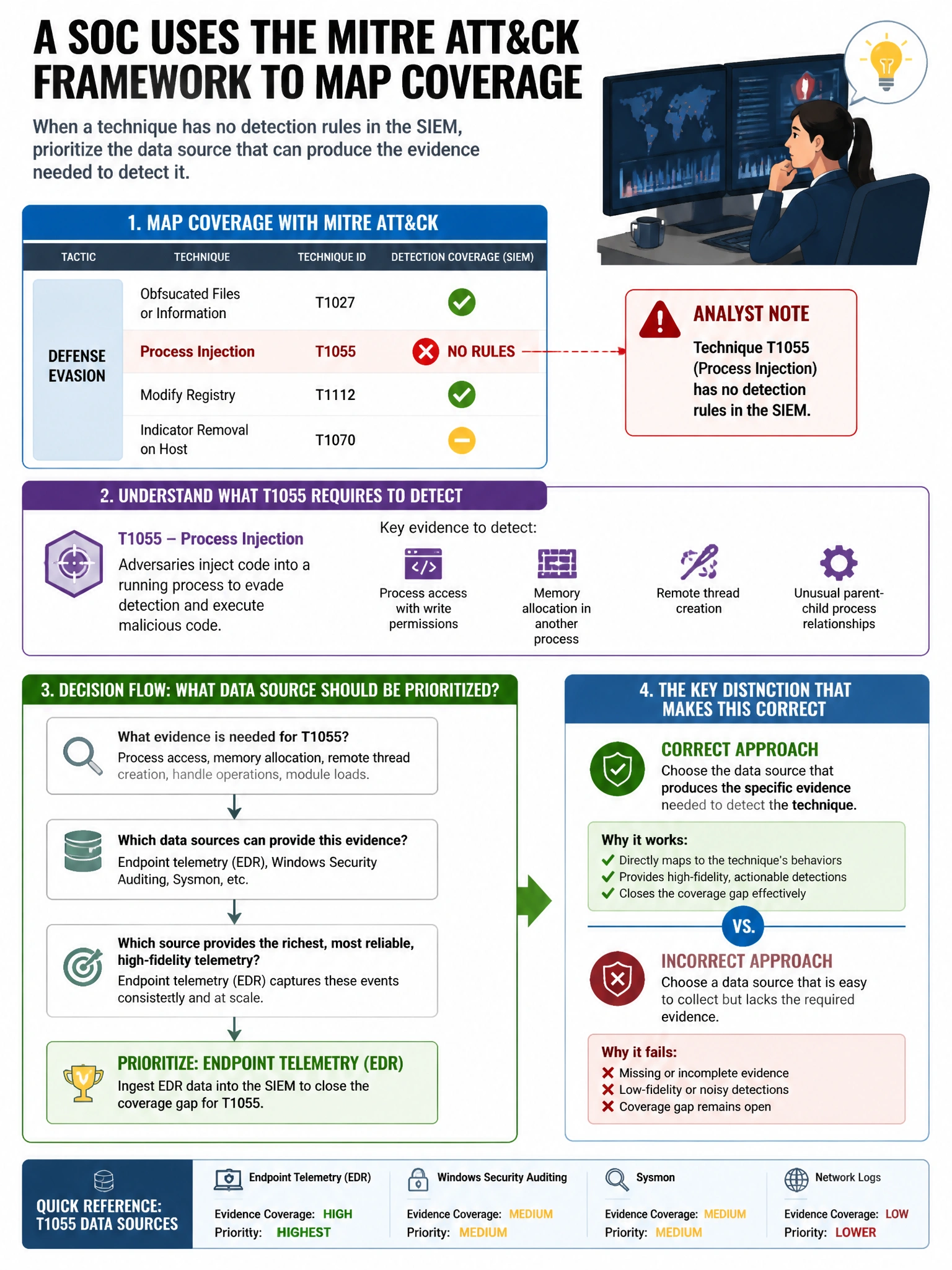 Portrait educational infographic teaching: A SOC uses the MITRE ATT&CK framework to map coverage. An analyst notes that Technique T1055 (Process Injection) has no detection rules in the SIEM. What data source should be prio. Show labeled components, decision flow, and the key distinction that makes the correct answer correct. Clean modern diagram style.