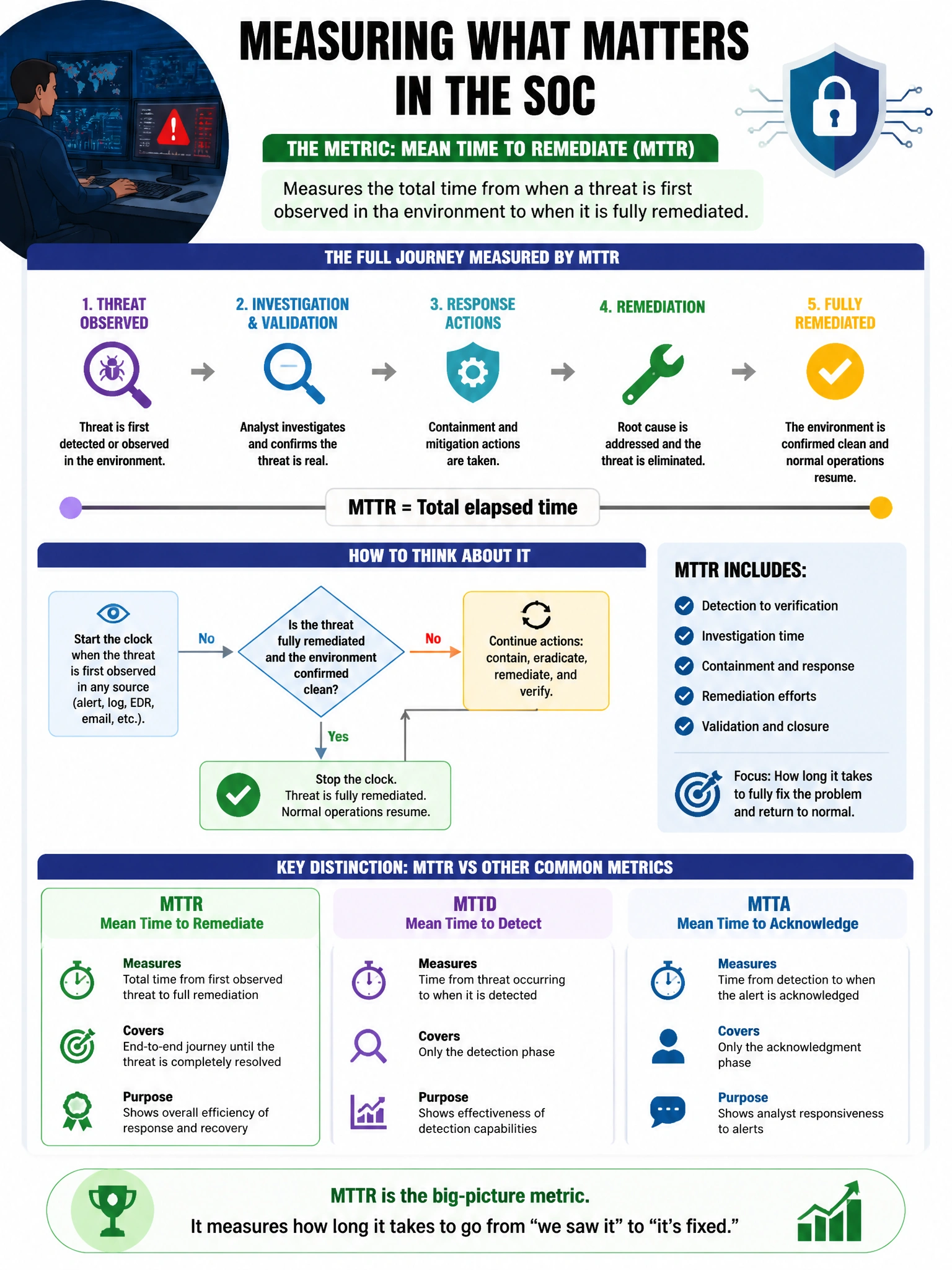 Portrait educational infographic teaching: A security operations center wants to measure how long it takes from when a threat is first observed in the environment to when it is fully remediated. Which metric does this descr. Show labeled components, decision flow, and the key distinction that makes the correct answer correct. Clean modern diagram style.