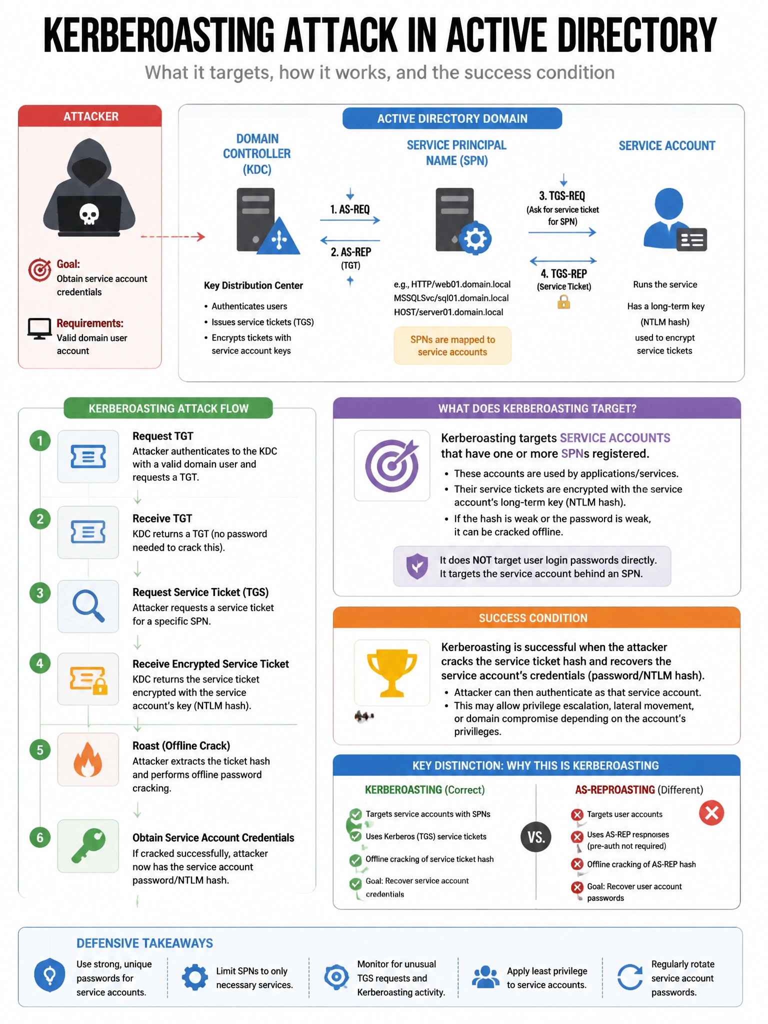 Portrait educational infographic teaching: A penetration tester performs a Kerberoasting attack against an Active Directory domain. What does this attack target and what is the success condition?. Show labeled components, decision flow, and the key distinction that makes the correct answer correct. Clean modern diagram style.