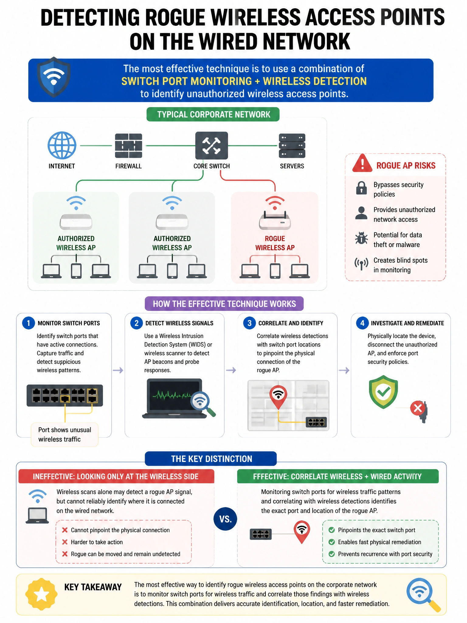 Portrait educational infographic teaching: An organization wants to detect rogue wireless access points connected to the corporate wired network. Which technique is most effective at identifying unauthorized wireless device. Show labeled components, decision flow, and the key distinction that makes the correct answer correct. Clean modern diagram style.
