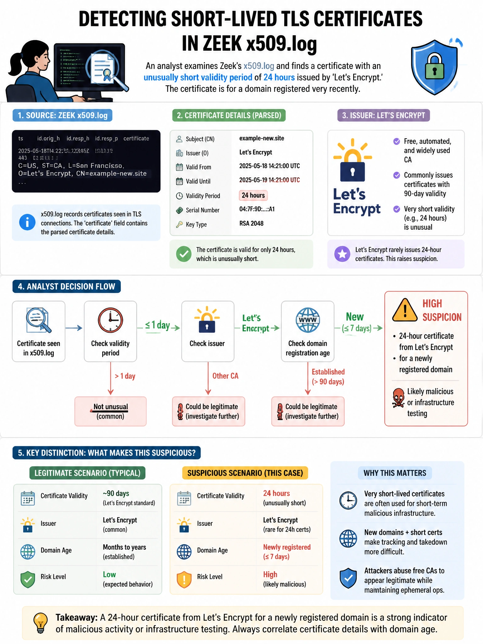 Portrait educational infographic teaching: An analyst examines Zeek's x509.log and finds a certificate with an unusually short validity period of 24 hours issued by 'Let's Encrypt.' The certificate is for a domain registere. Show labeled components, decision flow, and the key distinction that makes the correct answer correct. Clean modern diagram style.