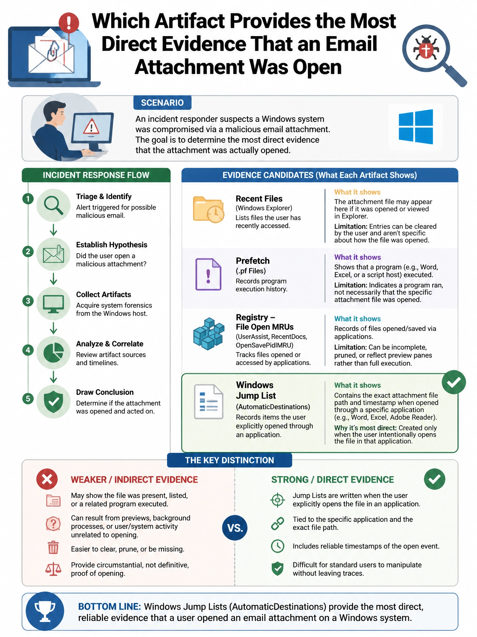 Portrait educational infographic teaching: An incident responder suspects a Windows system was compromised via a malicious email attachment. Which artifact provides the most direct evidence that an email attachment was open. Show labeled components, decision flow, and the key distinction that makes the correct answer correct. Clean modern diagram style.