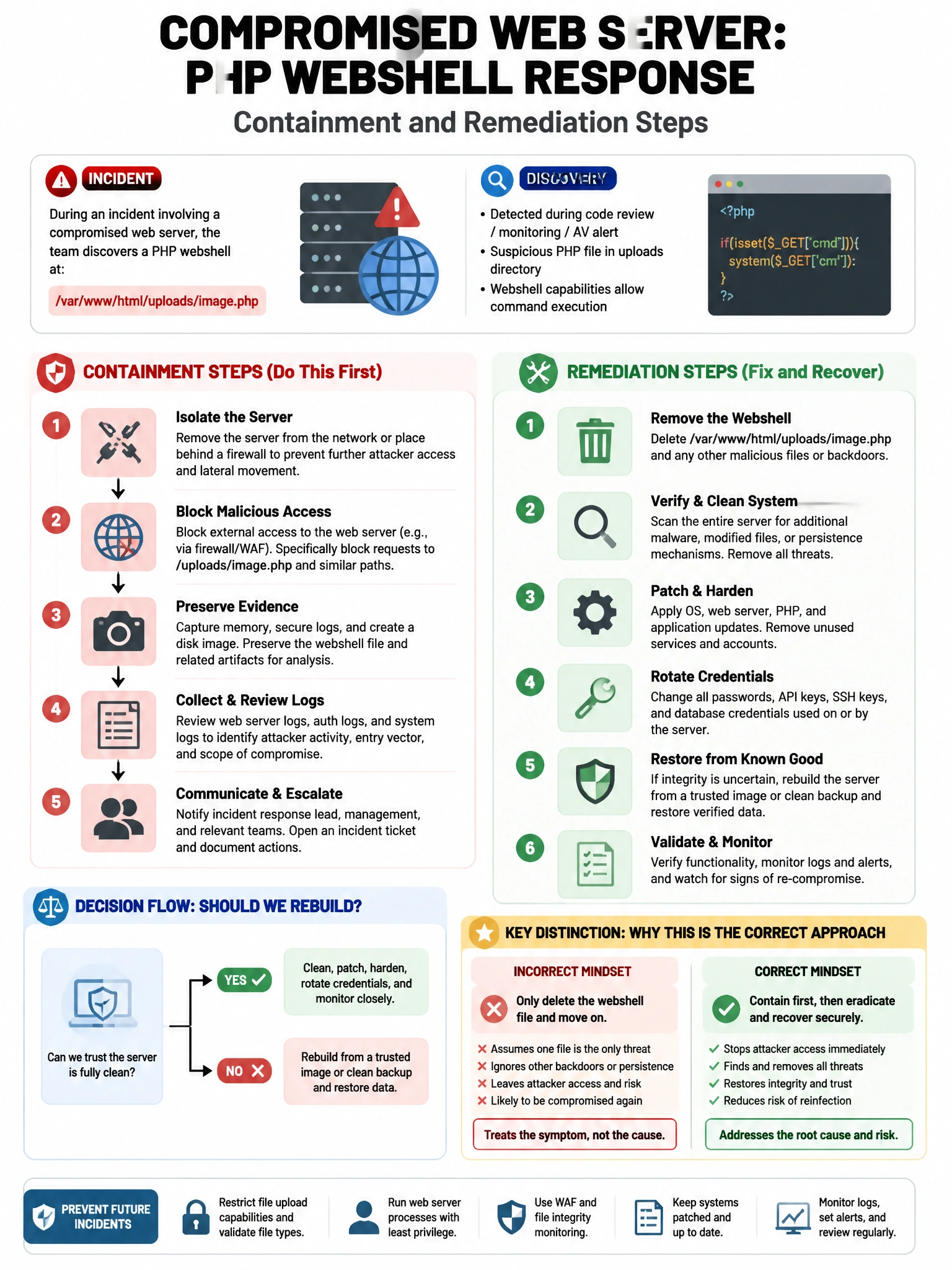 Portrait educational infographic teaching: During an incident involving a compromised web server, the team discovers a PHP webshell at '/var/www/html/uploads/image.php'. What containment and remediation steps are required?. Show labeled components, decision flow, and the key distinction that makes the correct answer correct. Clean modern diagram style.