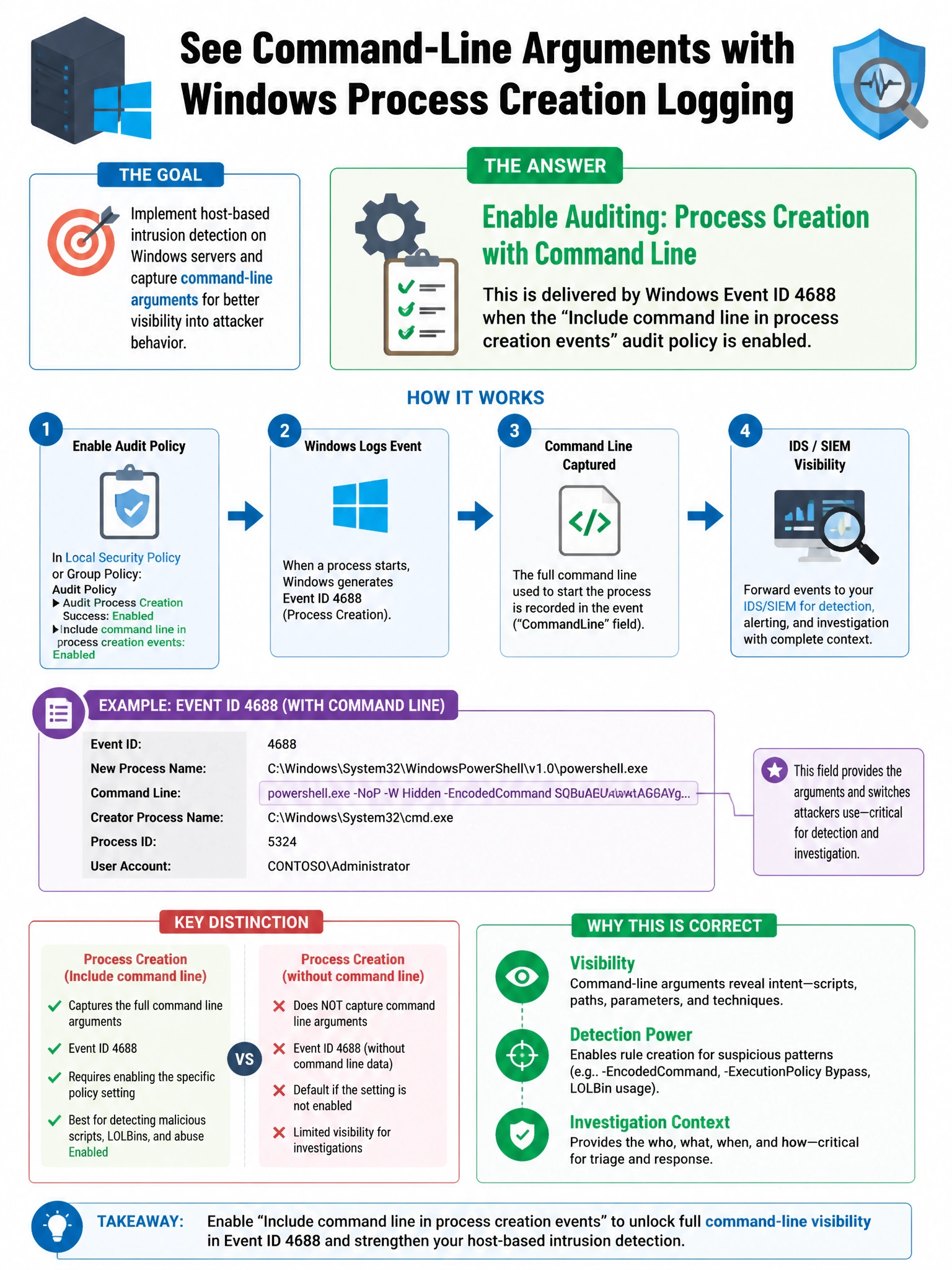 Portrait educational infographic teaching: An organization wants to implement host-based intrusion detection on Windows servers. Which Windows logging capability, when enabled, provides visibility into command-line argument. Show labeled components, decision flow, and the key distinction that makes the correct answer correct. Clean modern diagram style.