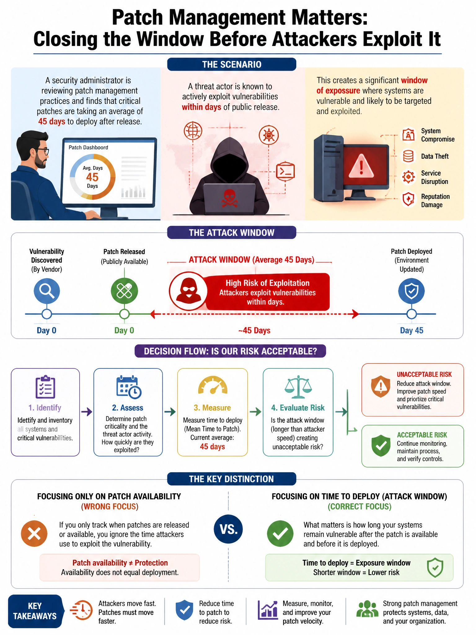 Portrait educational infographic teaching: A security administrator is reviewing patch management practices and finds that critical patches are taking an average of 45 days to deploy after release. A threat actor is known t. Show labeled components, decision flow, and the key distinction that makes the correct answer correct. Clean modern diagram style.