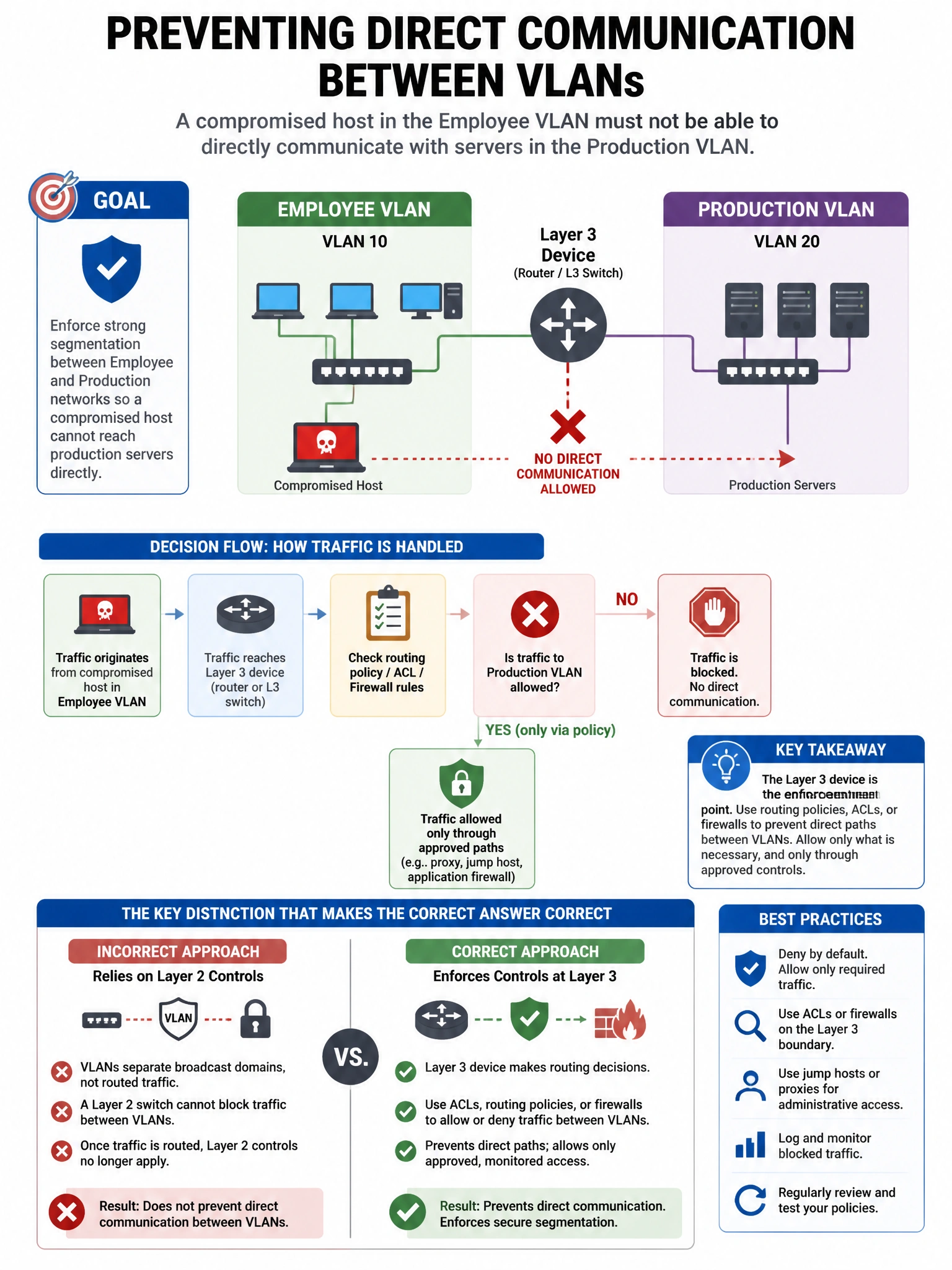 Portrait educational infographic teaching: A network security engineer is designing a network where a compromised host in the employee VLAN should not be able to directly communicate with servers in the production VLAN. Whi. Show labeled components, decision flow, and the key distinction that makes the correct answer correct. Clean modern diagram style.