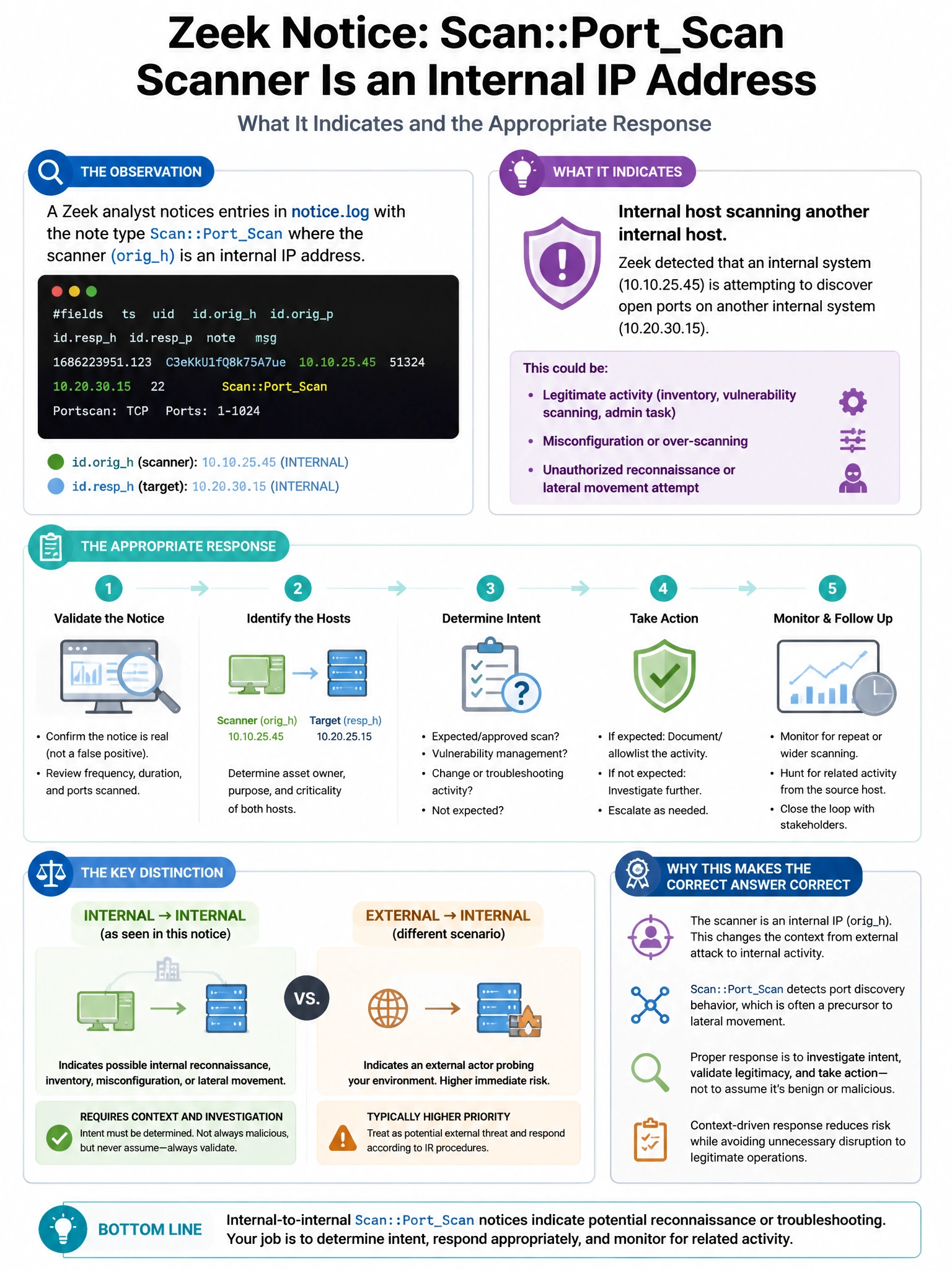 Portrait educational infographic teaching: A Zeek analyst notices entries in notice.log with the note type Scan::PortScan pointing to an internal IP address as the scanner. What does this indicate and what is the appropr. Show labeled components, decision flow, and the key distinction that makes the correct answer correct. Clean modern diagram style.