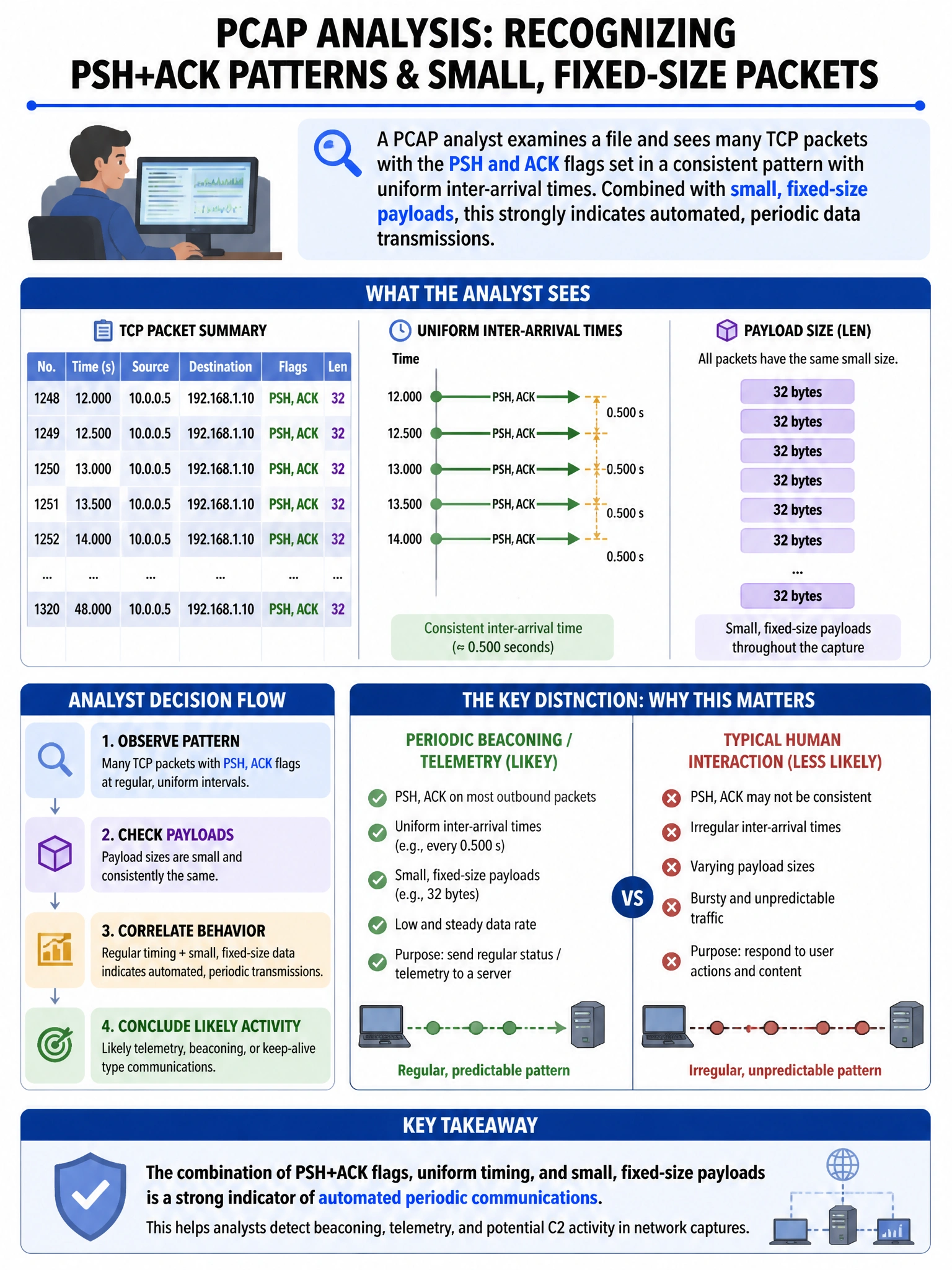 Portrait educational infographic teaching: A PCAP analyst examines a file and sees many TCP packets with the PSH and ACK flags set in a consistent pattern with uniform inter-arrival times. Combined with small, fixed-size pa. Show labeled components, decision flow, and the key distinction that makes the correct answer correct. Clean modern diagram style.