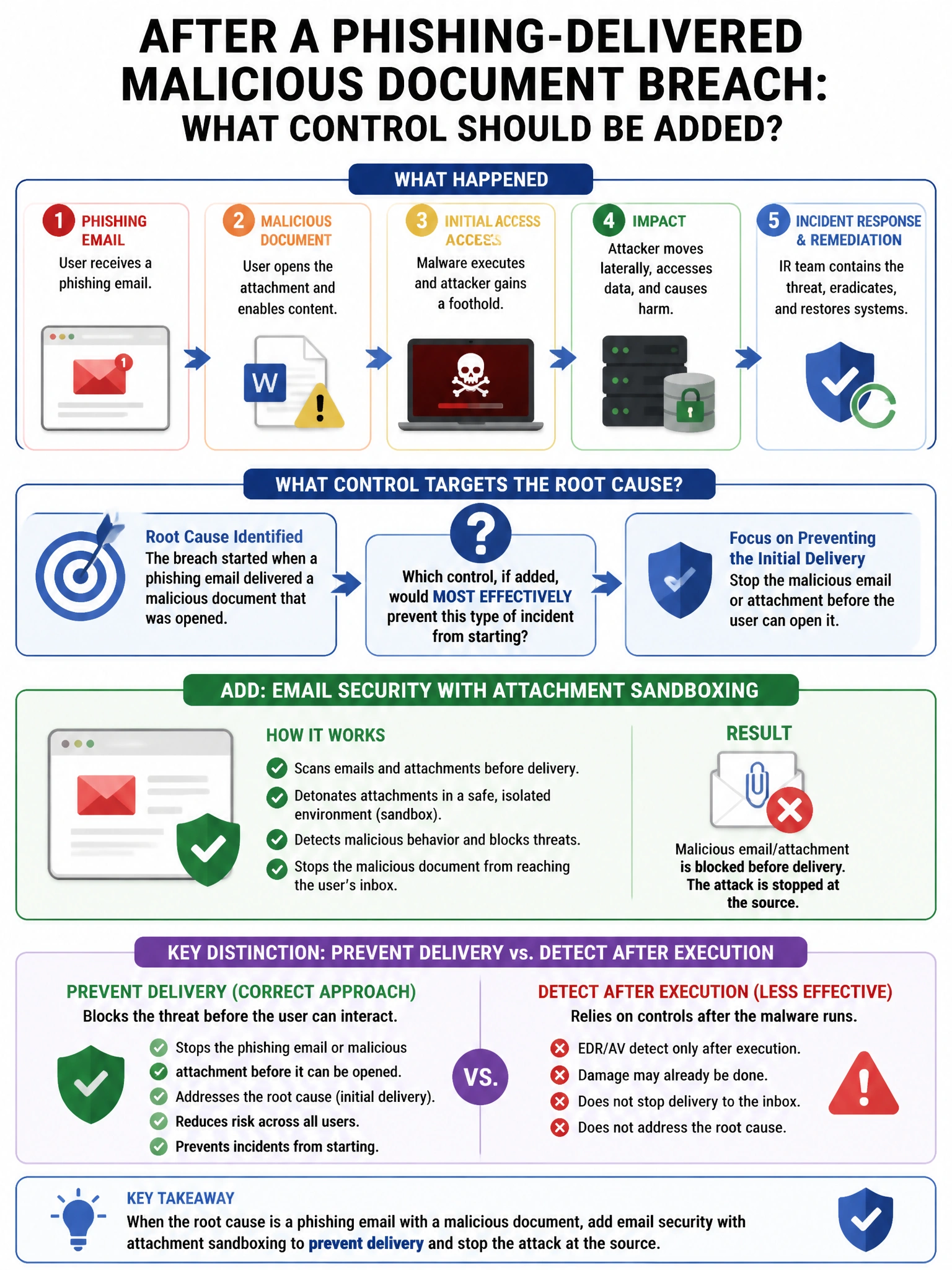 Portrait educational infographic teaching: An incident response team determines that the root cause of a breach was a phishing email that delivered a malicious document. After remediation, what specific control should be ad. Show labeled components, decision flow, and the key distinction that makes the correct answer correct. Clean modern diagram style.