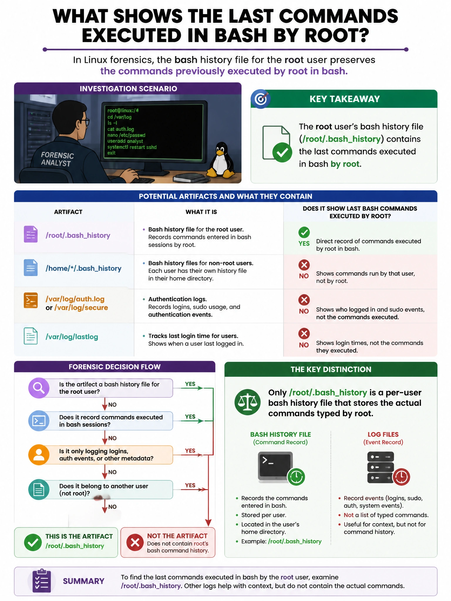 Portrait educational infographic teaching: A forensic analyst is examining a Linux system and wants to determine the last commands executed in bash by the root user. Which artifact provides this information?. Show labeled components, decision flow, and the key distinction that makes the correct answer correct. Clean modern diagram style.
