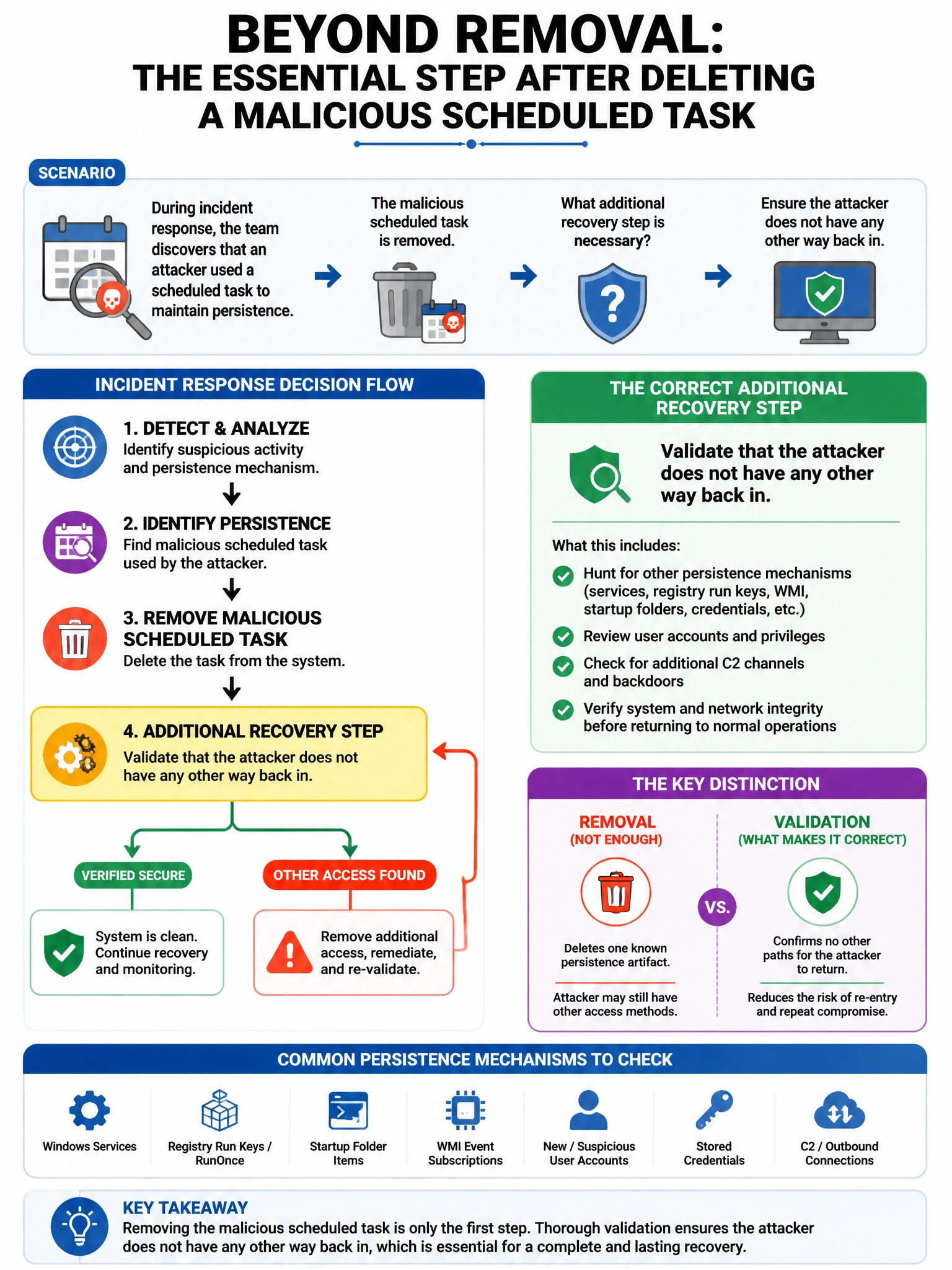 Portrait educational infographic teaching: During incident response, the team discovers that an attacker used a scheduled task to maintain persistence. After removing the scheduled task, what additional recovery step is nec. Show labeled components, decision flow, and the key distinction that makes the correct answer correct. Clean modern diagram style.