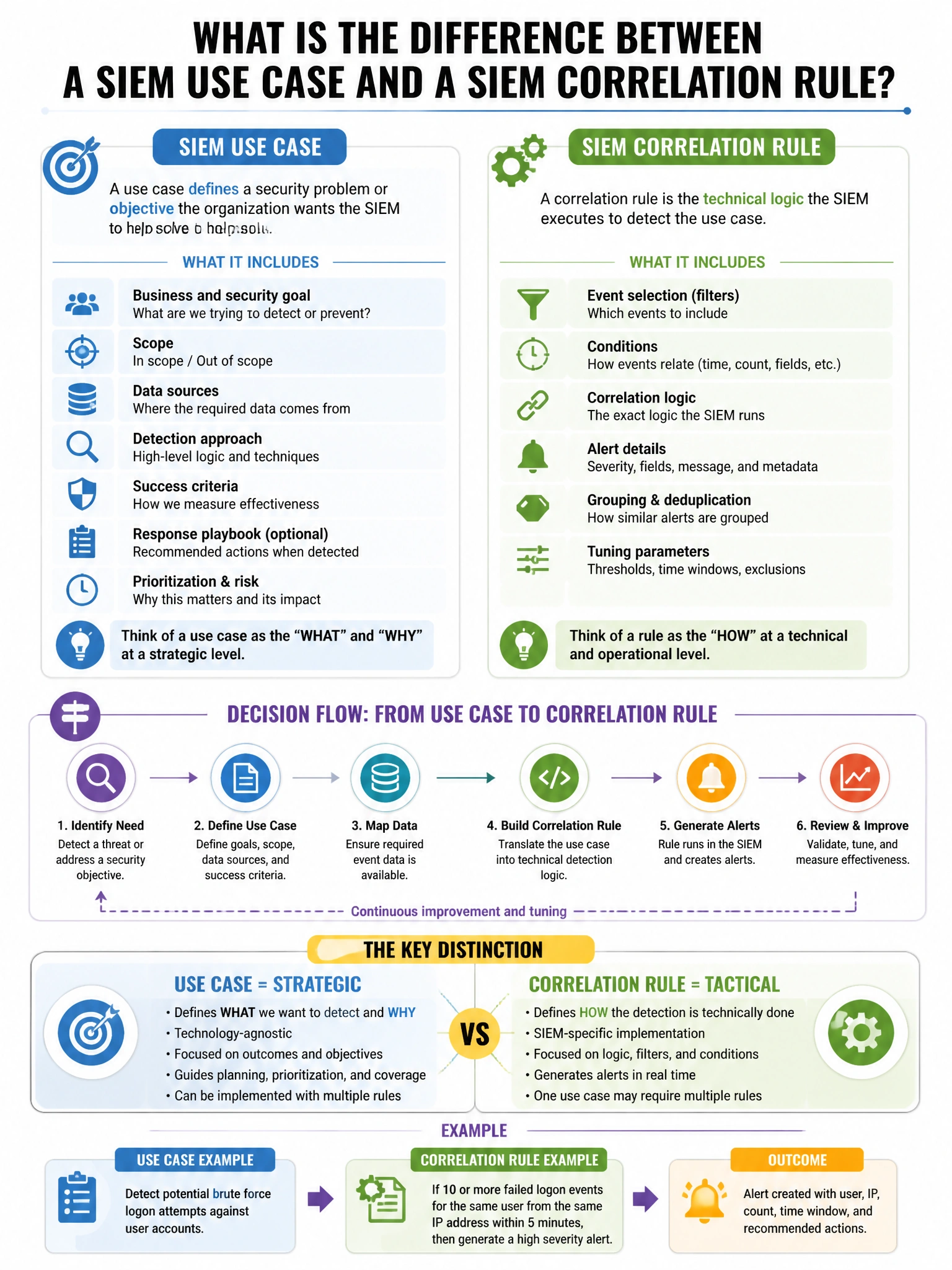 Portrait educational infographic teaching: What is the difference between a SIEM use case and a SIEM correlation rule?. Show labeled components, decision flow, and the key distinction that makes the correct answer correct. Clean modern diagram style.