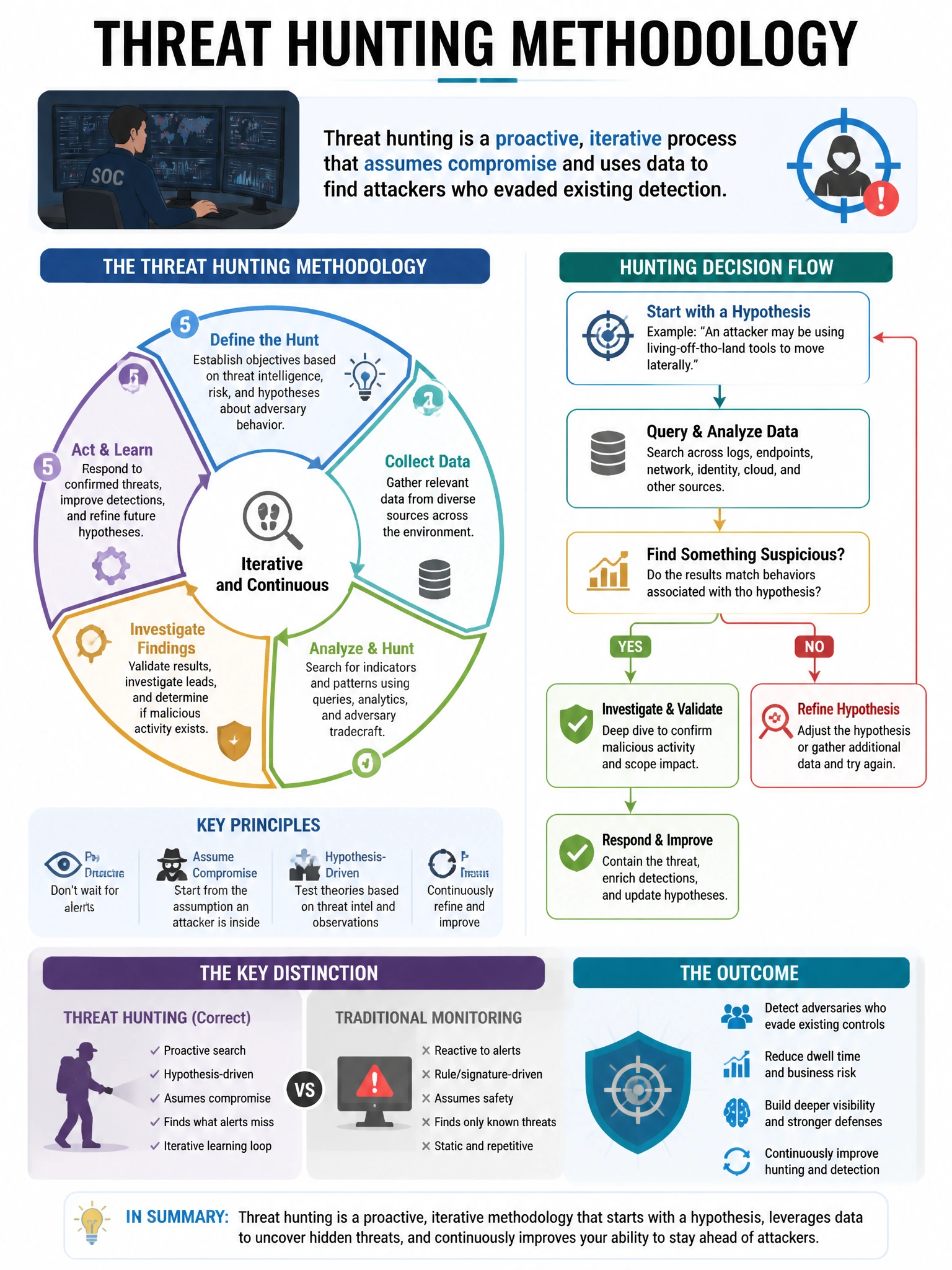 Portrait educational infographic teaching: A SOC team wants to implement threat hunting to proactively find attackers who evaded existing detection. What best describes the threat hunting methodology?. Show labeled components, decision flow, and the key distinction that makes the correct answer correct. Clean modern diagram style.