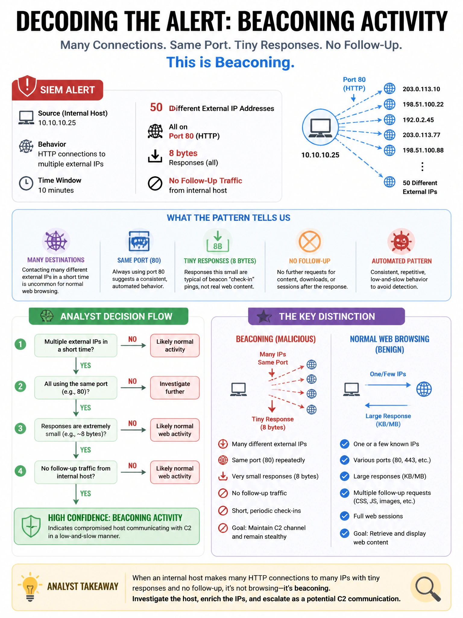 Portrait educational infographic teaching: A SOC analyst observes a SIEM alert for an internal host making HTTP connections to 50 different external IP addresses in 10 minutes, all on port 80, with 8-byte responses and no f. Show labeled components, decision flow, and the key distinction that makes the correct answer correct. Clean modern diagram style.