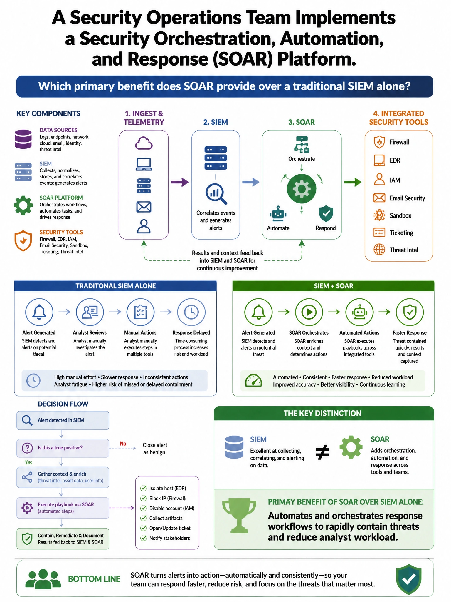 Portrait educational infographic teaching: A security operations team implements a security orchestration, automation, and response (SOAR) platform. Which primary benefit does SOAR provide over a traditional SIEM alone?. Show labeled components, decision flow, and the key distinction that makes the correct answer correct. Clean modern diagram style.