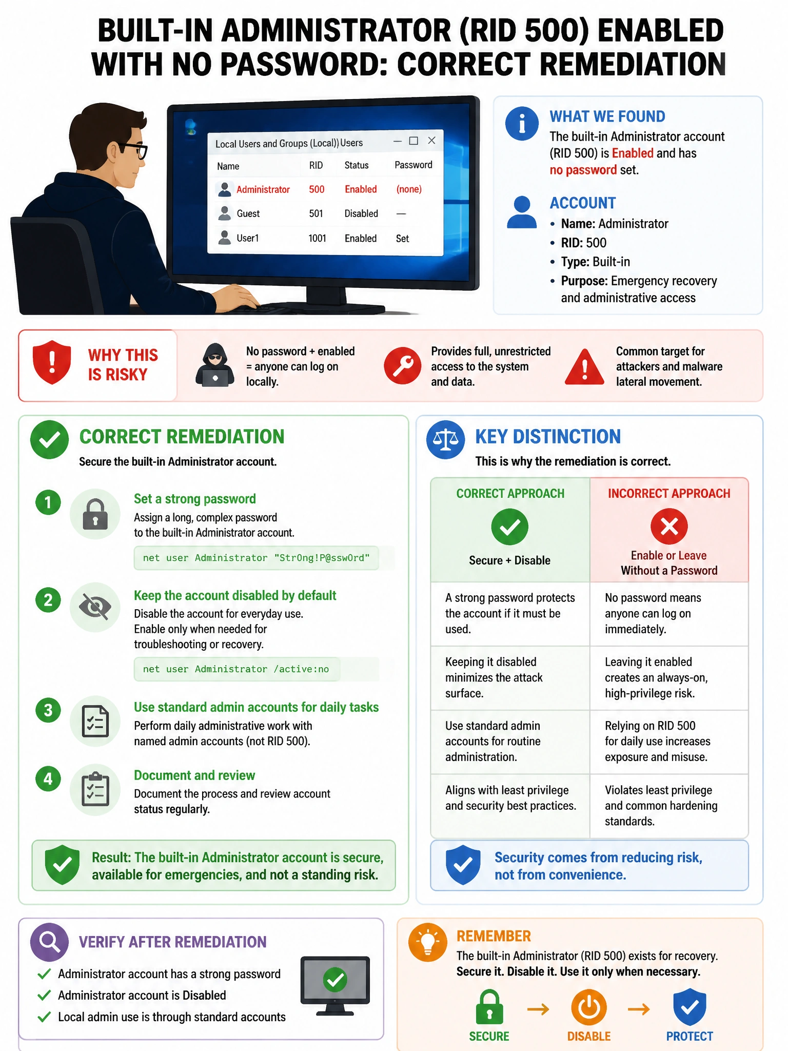 Portrait educational infographic teaching: A security engineer reviews a Windows system and finds that the built-in Administrator account (RID 500) is enabled and has no password set. What is the correct remediation?. Show labeled components, decision flow, and the key distinction that makes the correct answer correct. Clean modern diagram style.