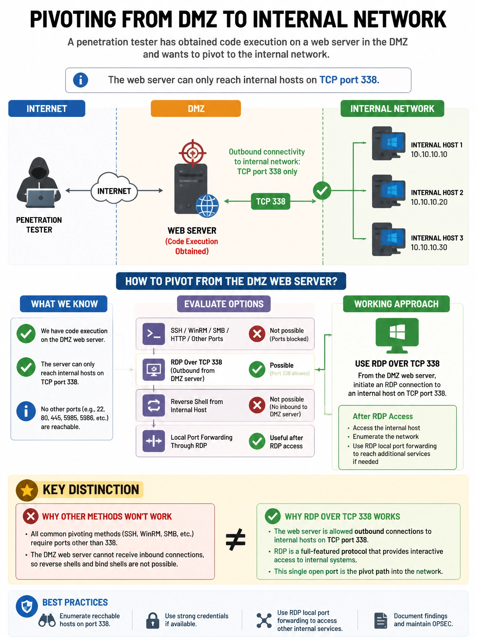 Portrait educational infographic teaching: A penetration tester has obtained code execution on a web server in the DMZ and wants to pivot to the internal network. The web server can only reach internal hosts on TCP port 338. Show labeled components, decision flow, and the key distinction that makes the correct answer correct. Clean modern diagram style.