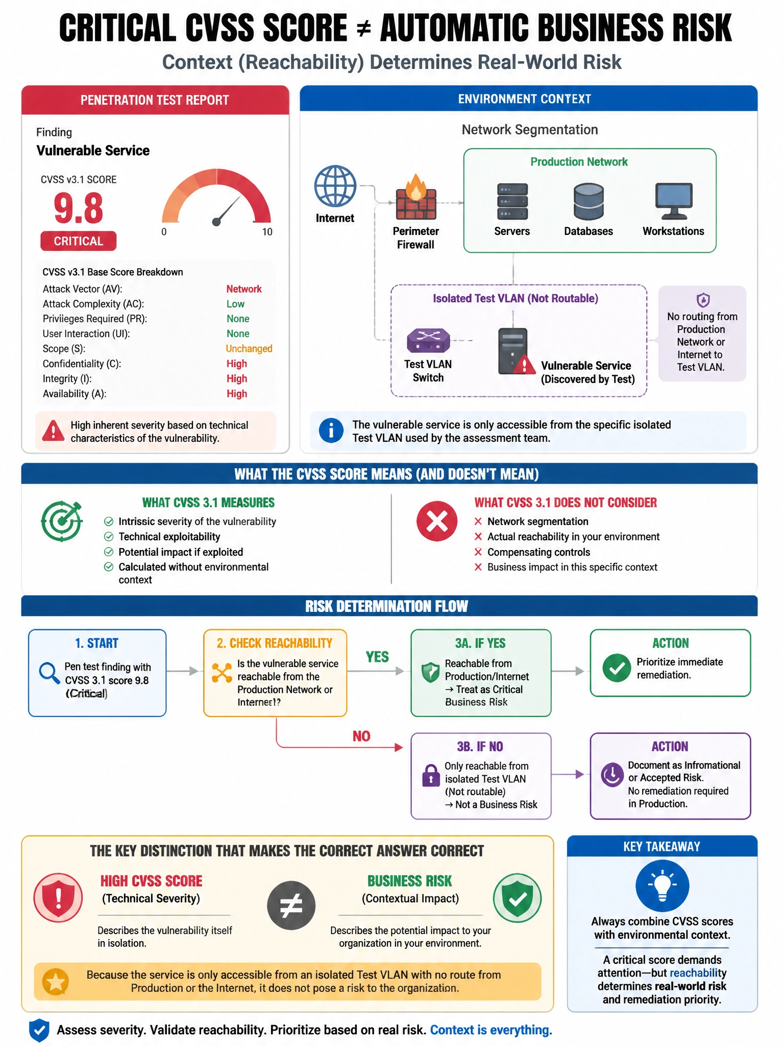 Portrait educational infographic teaching: A penetration test report rates a finding as CVSS 3.1 score 9.8 (Critical). The security team discovers the vulnerable service is only accessible from a specific isolated test VLAN. Show labeled components, decision flow, and the key distinction that makes the correct answer correct. Clean modern diagram style.