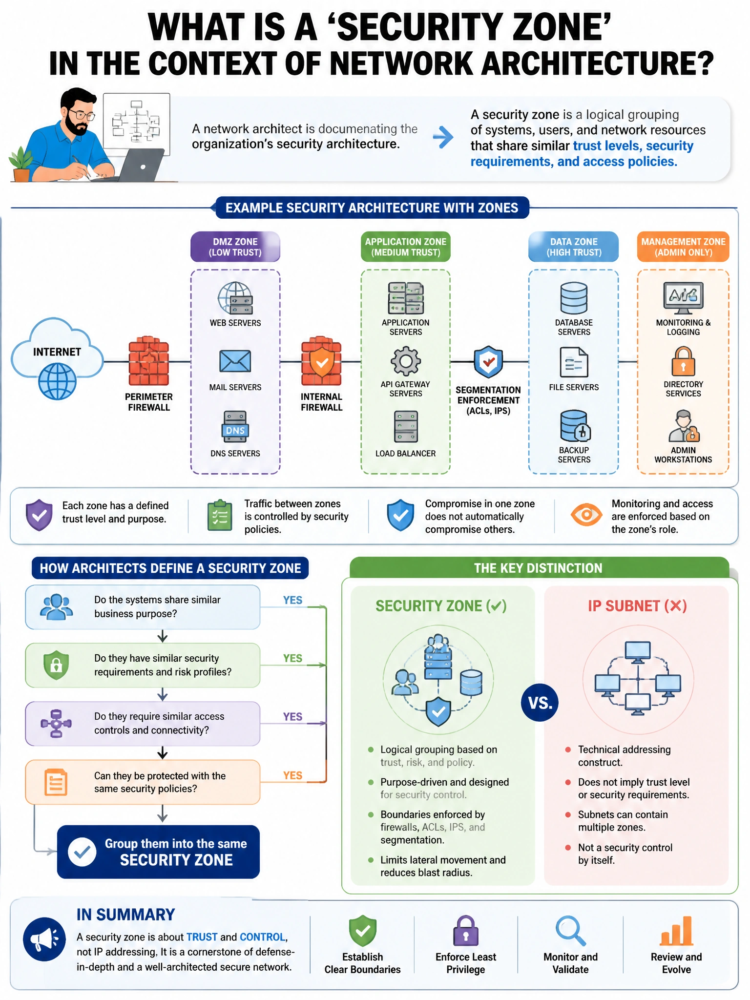 Portrait educational infographic teaching: A network architect is documenting the organization's security architecture. What is a 'security zone' in the context of network architecture?. Show labeled components, decision flow, and the key distinction that makes the correct answer correct. Clean modern diagram style.