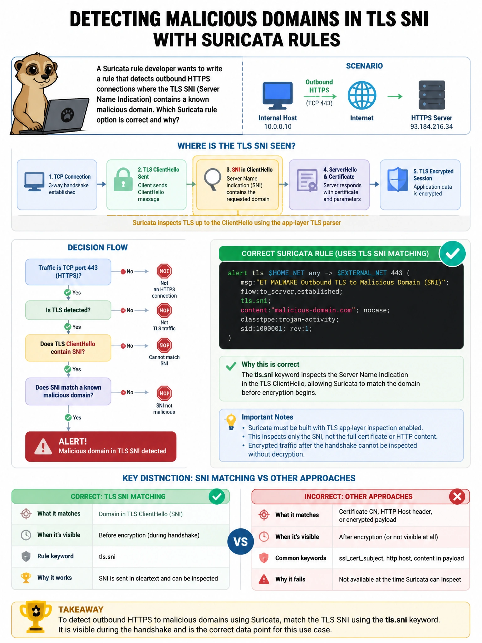 Portrait educational infographic teaching: A Suricata rule developer wants to write a rule that detects outbound HTTPS connections where the TLS SNI (Server Name Indication) contains a known malicious domain. Which Suricata. Show labeled components, decision flow, and the key distinction that makes the correct answer correct. Clean modern diagram style.