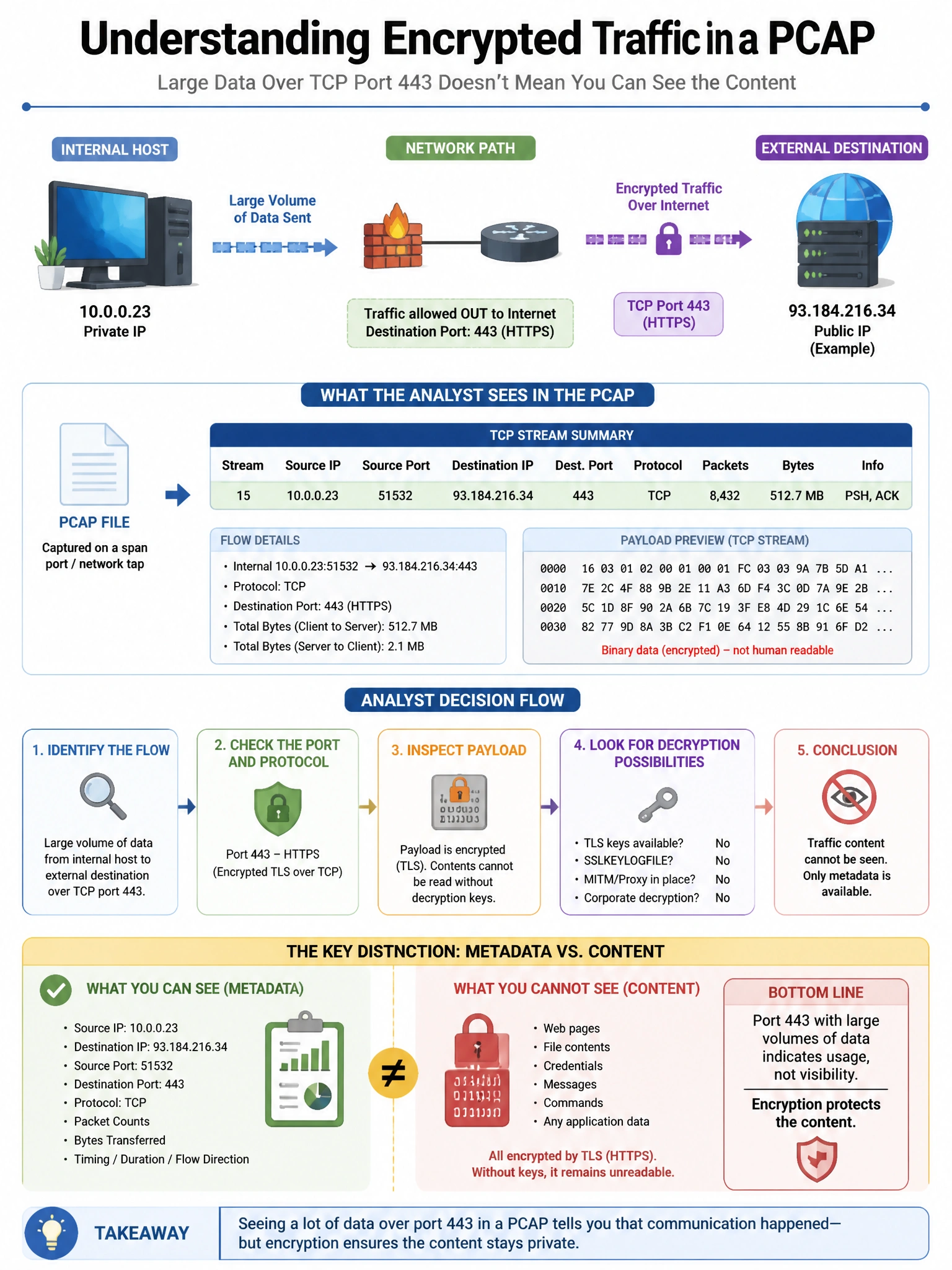 Portrait educational infographic teaching: An analyst is analyzing a PCAP file and identifies a TCP stream where large volumes of data are sent from an internal host to an external destination over port 443, but the traffic. Show labeled components, decision flow, and the key distinction that makes the correct answer correct. Clean modern diagram style.
