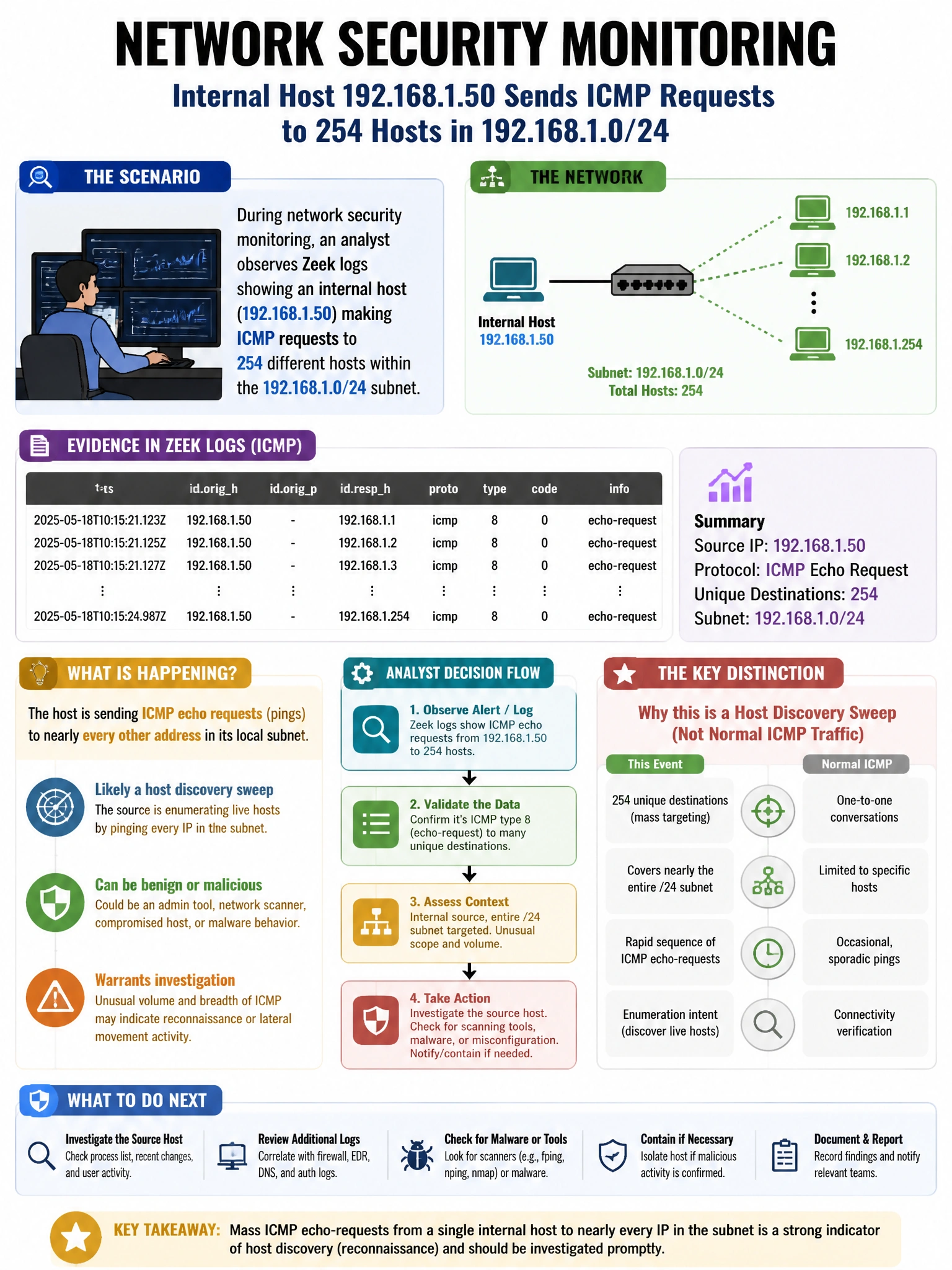 Portrait educational infographic teaching: During network security monitoring, an analyst observes Zeek logs showing an internal host (192.168.1.50) making ICMP requests to 254 different hosts within the 192.168.1.0/24 subn. Show labeled components, decision flow, and the key distinction that makes the correct answer correct. Clean modern diagram style.
