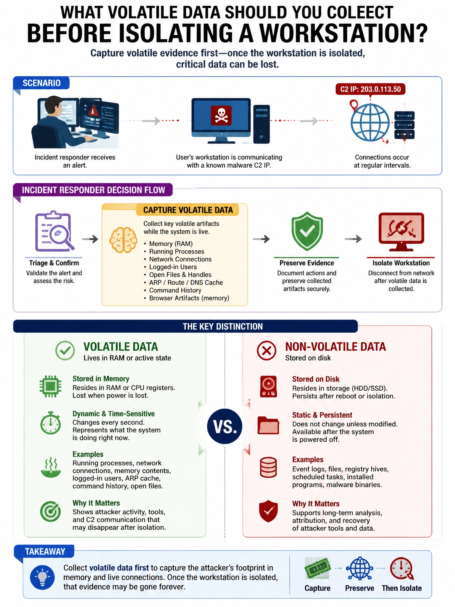 Portrait educational infographic teaching: An incident responder receives a report that a user's workstation is communicating with a known malware C2 IP at regular intervals. Before isolating the workstation, what volatile . Show labeled components, decision flow, and the key distinction that makes the correct answer correct. Clean modern diagram style.