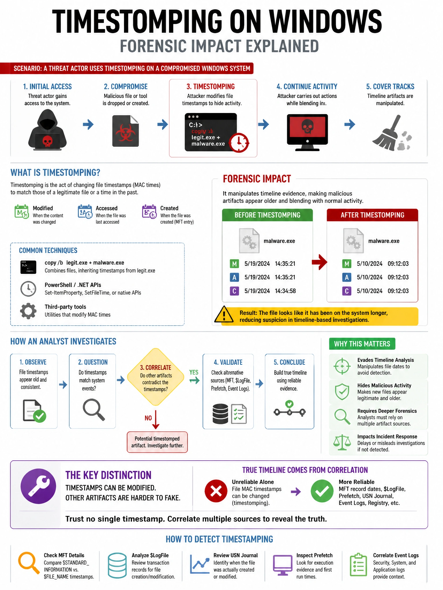 Portrait educational infographic teaching: A threat actor uses 'timestomping' on a compromised Windows system. What forensic impact does this technique have?. Show labeled components, decision flow, and the key distinction that makes the correct answer correct. Clean modern diagram style.