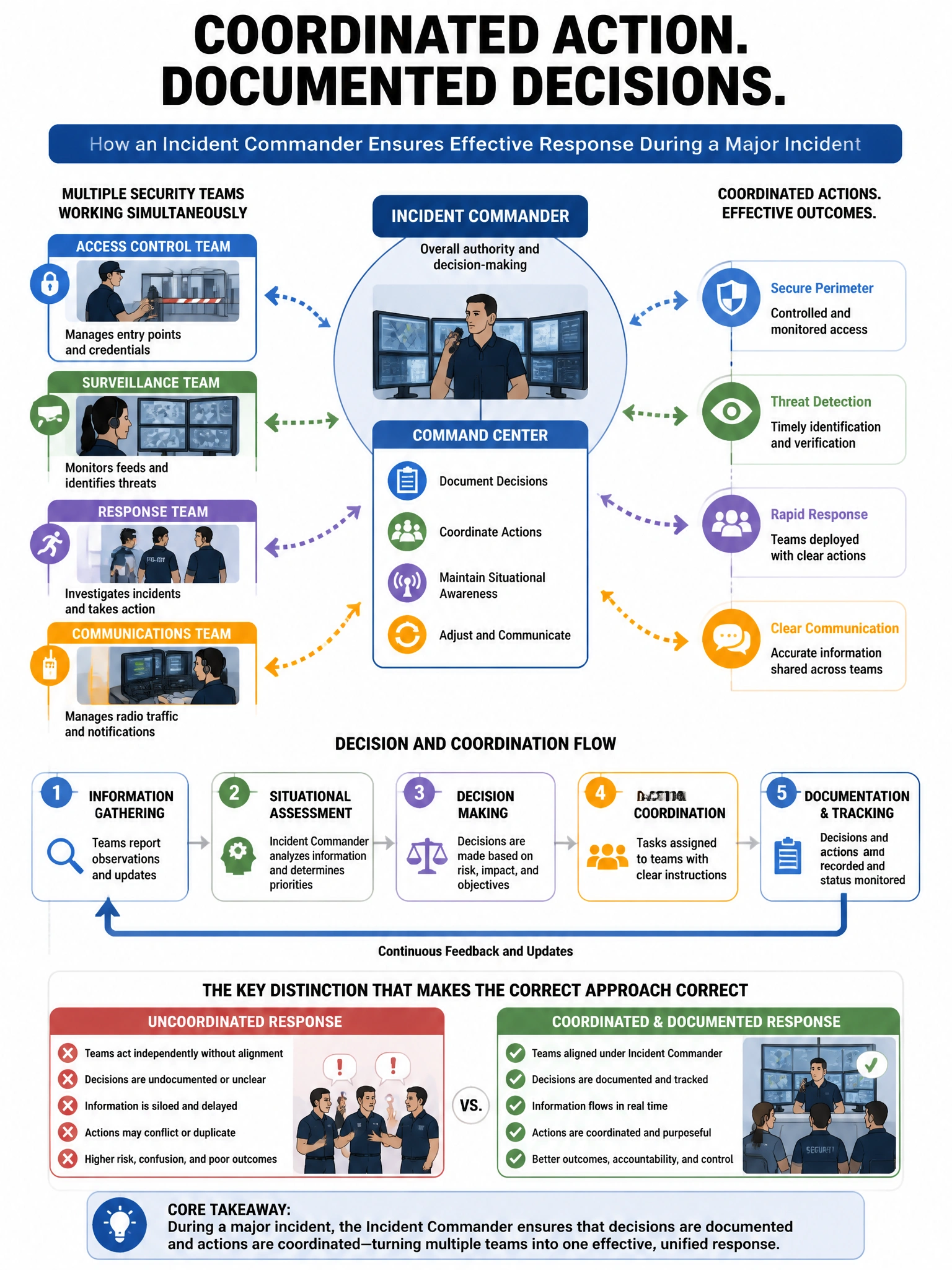 Portrait educational infographic teaching: During a major incident, multiple security teams are working simultaneously. The incident commander wants to ensure that decisions are documented and actions are coordinated. Which. Show labeled components, decision flow, and the key distinction that makes the correct answer correct. Clean modern diagram style.