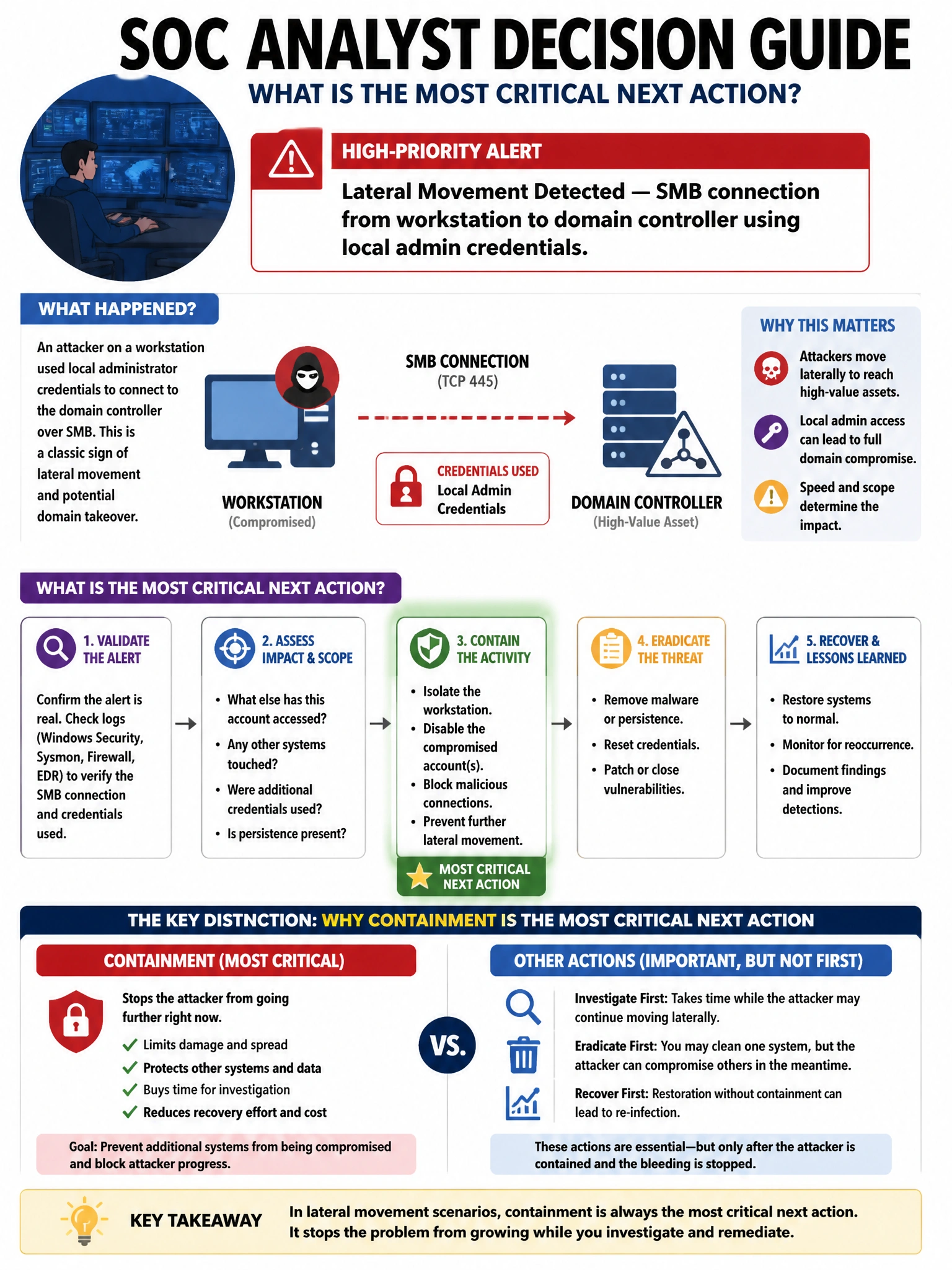 Portrait educational infographic teaching: A SOC analyst receives a high-priority alert: 'Lateral Movement Detected — SMB connection from workstation to domain controller using local admin credentials.' What is the most cri. Show labeled components, decision flow, and the key distinction that makes the correct answer correct. Clean modern diagram style.