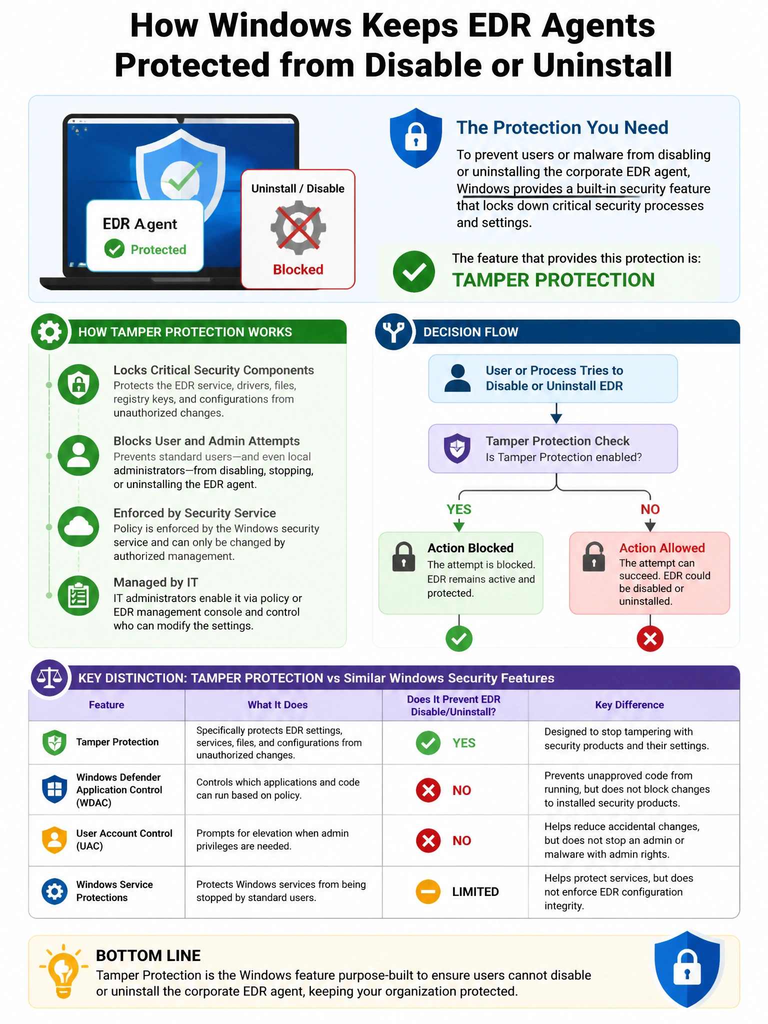Portrait educational infographic teaching: A security administrator wants to ensure that users cannot disable or uninstall the corporate EDR agent. Which operating system feature enables this protection on Windows?. Show labeled components, decision flow, and the key distinction that makes the correct answer correct. Clean modern diagram style.