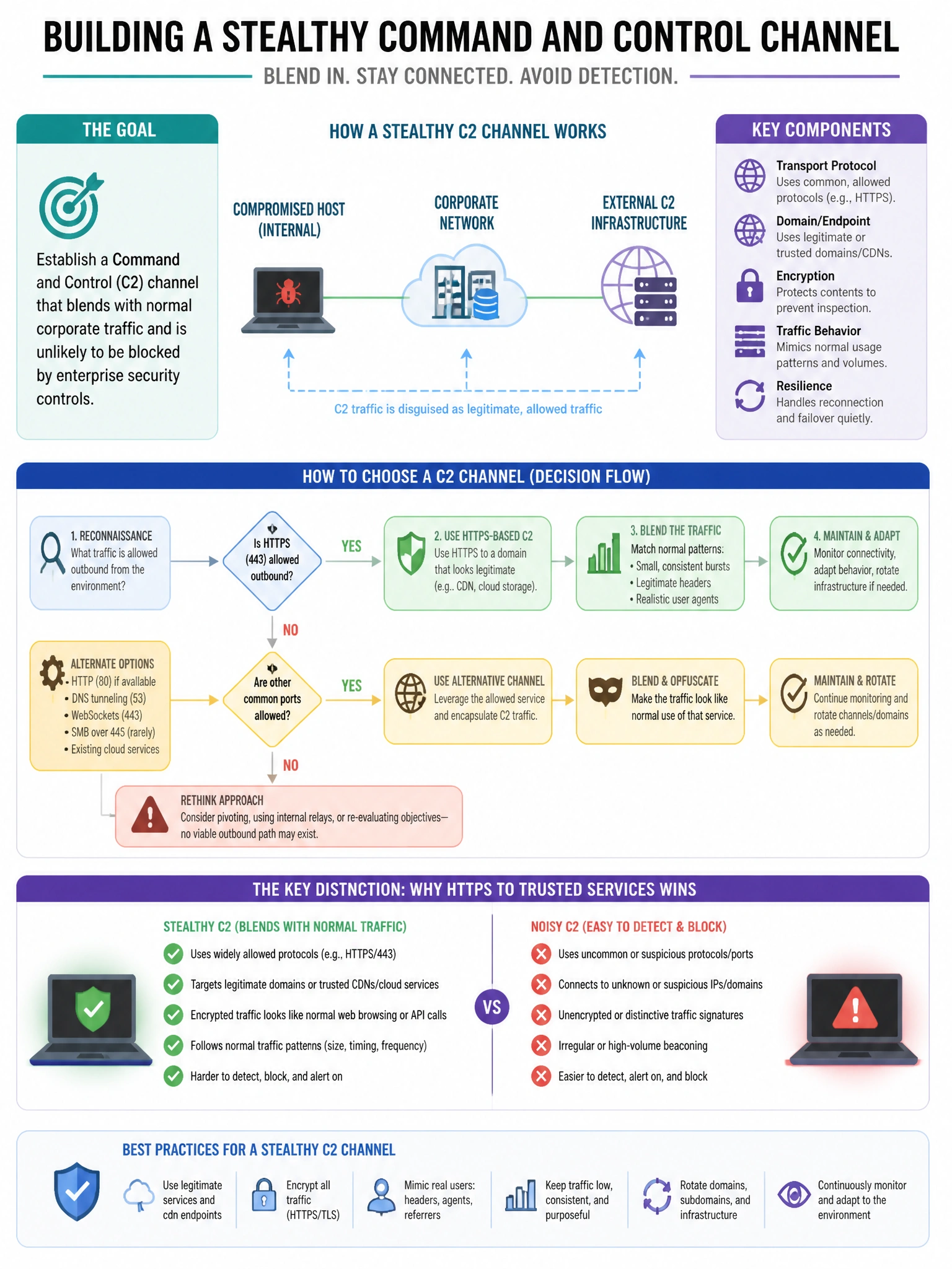 Portrait educational infographic teaching: A penetration tester wants to establish a Command and Control channel that blends with normal corporate traffic and is unlikely to be blocked by enterprise security controls. Which. Show labeled components, decision flow, and the key distinction that makes the correct answer correct. Clean modern diagram style.