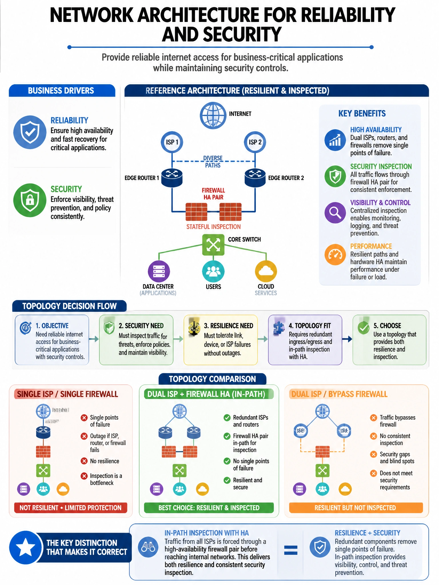 Portrait educational infographic teaching: A network architect must provide reliable internet access for business-critical applications while maintaining security controls. Which topology provides both resilience and inspec. Show labeled components, decision flow, and the key distinction that makes the correct answer correct. Clean modern diagram style.