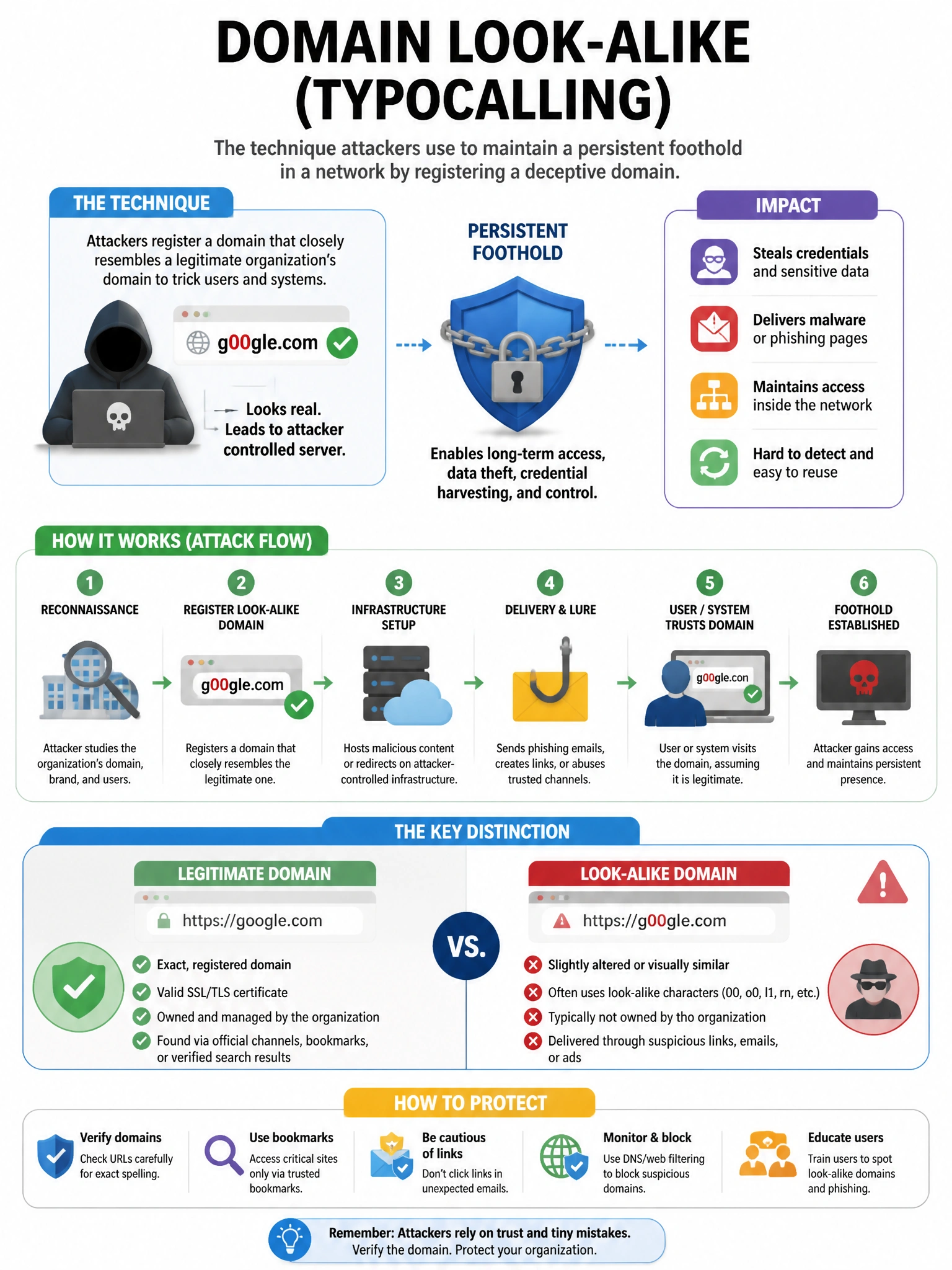 Portrait educational infographic teaching: Which technique does an attacker use to maintain a persistent foothold in a network by registering a domain that closely resembles a legitimate organization's domain (e.g., 'g00gle. Show labeled components, decision flow, and the key distinction that makes the correct answer correct. Clean modern diagram style.