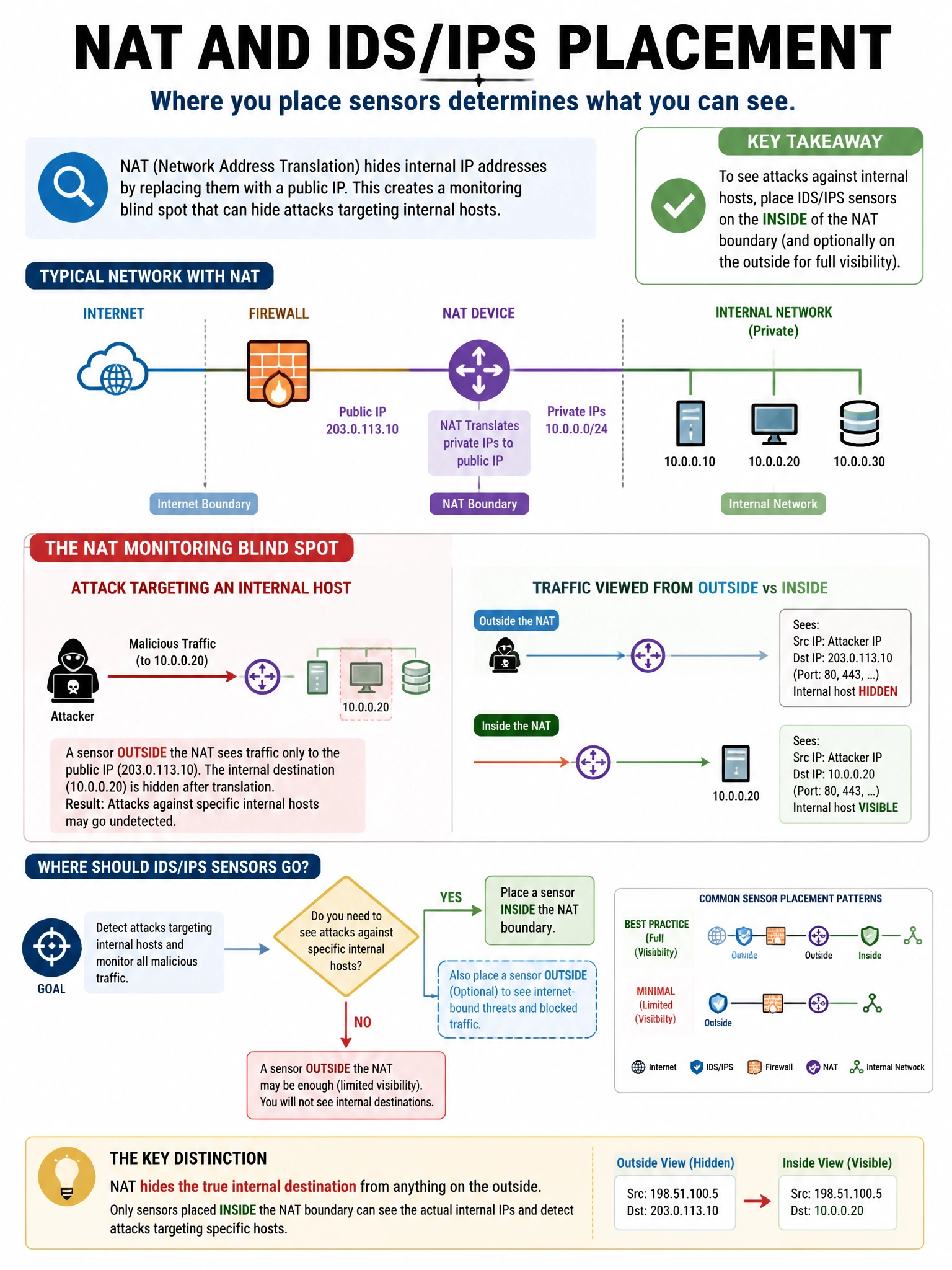 Portrait educational infographic teaching: A security team is implementing network security monitoring and must decide where to place IDS/IPS sensors relative to NAT boundaries. What monitoring blind spot does NAT create fo. Show labeled components, decision flow, and the key distinction that makes the correct answer correct. Clean modern diagram style.